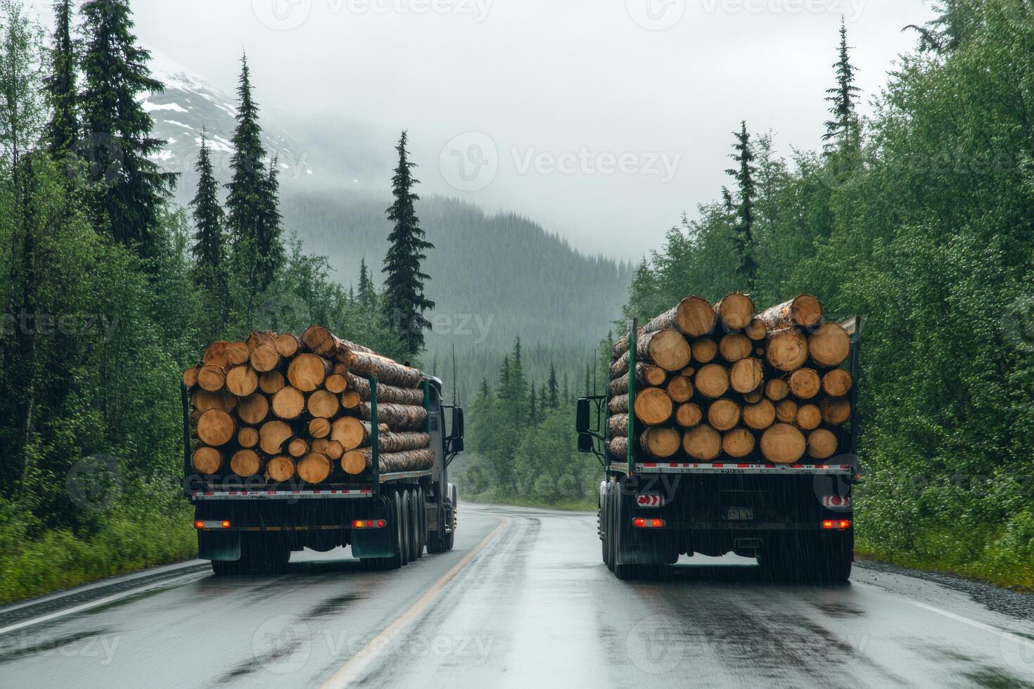 In a lively forest, two large logging trucks navigate a muddy road lined with fresh logs. The expansive, cloudy skies enhance the natural scenery, creating a picturesque forestry landscape photo