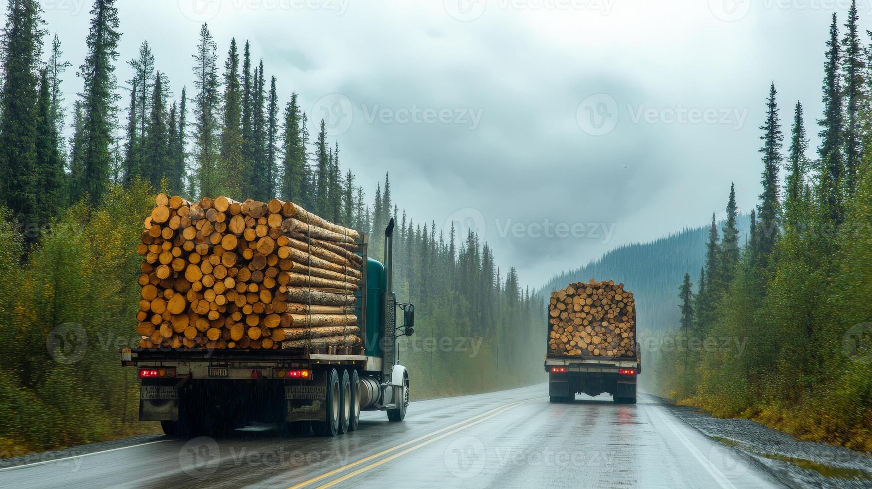 Logging trucks transport freshly cut timber logs along a muddy road that winds through a lush, forested area, emphasizing the intersection of nature and industry in this rugged landscape photo
