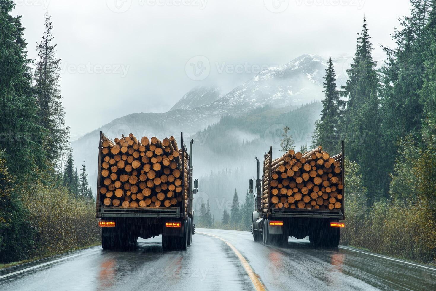 Two large logging trucks transport freshly cut timber logs down a muddy road that winds through a misty forest, enveloped by majestic mountains all around, creating a serene and picturesque scene photo