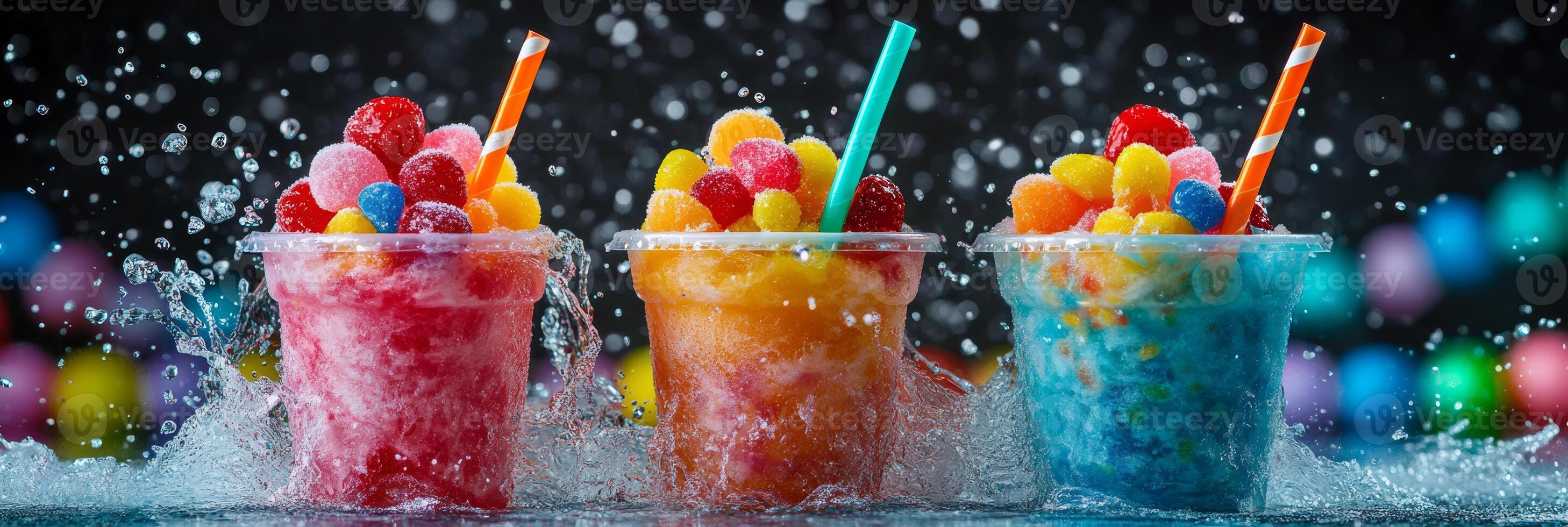 Vibrant slushie cups brimming with fresh, juicy berries and splashing water, ideal for enjoying summer days photo