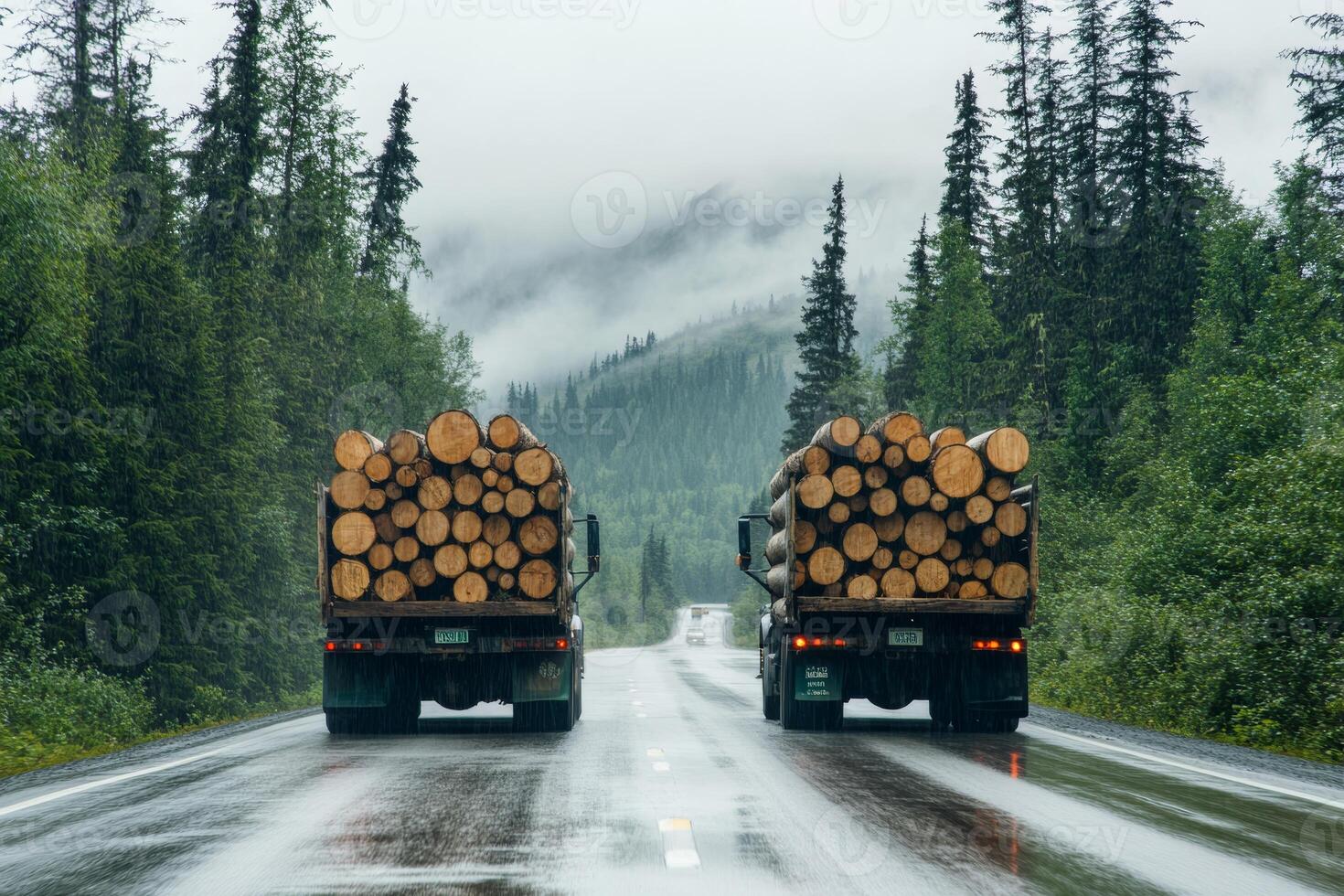 Two large logging trucks, fully loaded with freshly cut timber, navigate the rough, muddy terrain of a forest road, surrounded by abundant lush trees and shrouded misty mountains in the distance photo