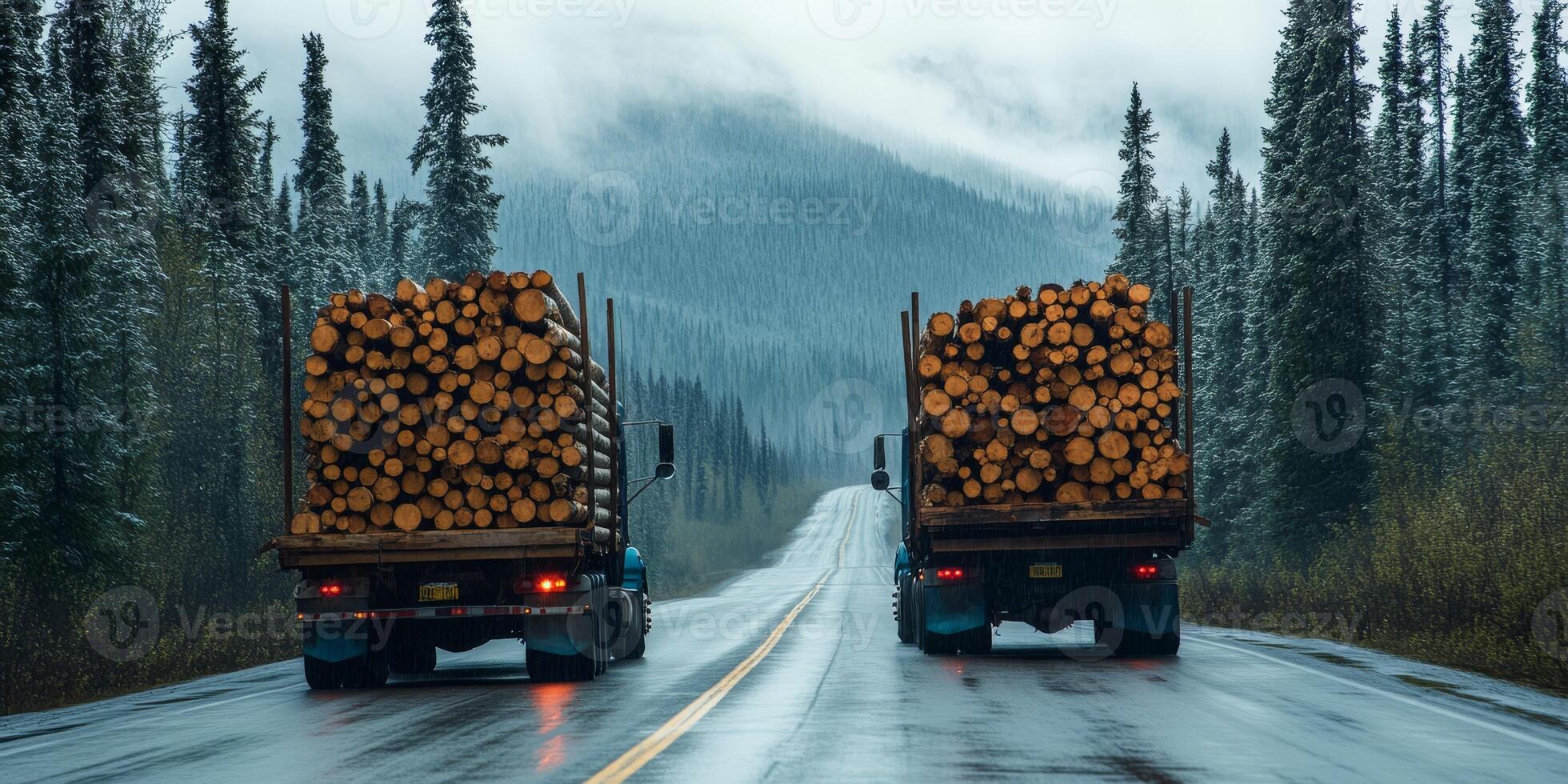 In the vast wilderness, heavy logging trucks skillfully navigate through a muddy forest road, efficiently transporting substantial loads of freshly harvested timber sourced from the areas lush trees photo
