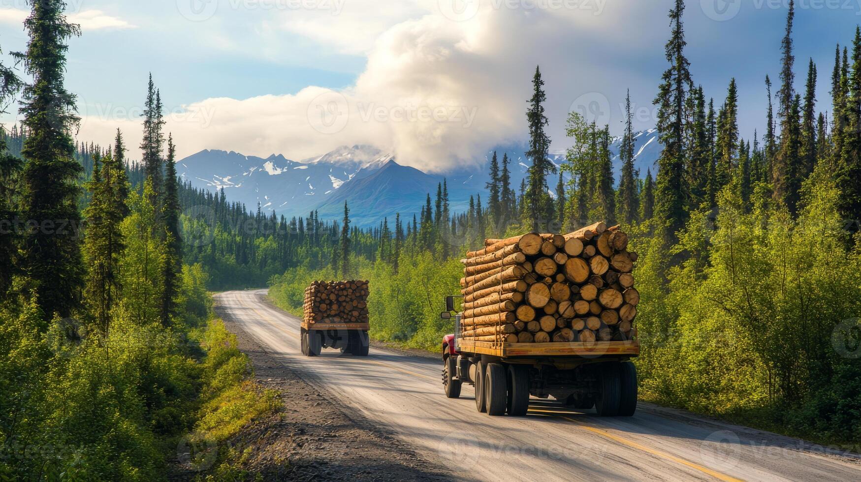 Two sturdy logging trucks navigate a muddy, winding road through a lush forest, carrying heavy timber loads, with majestic mountains in the backdrop, creating a stunning landscape photo