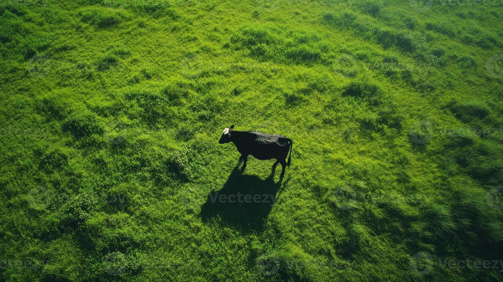 A breathtaking aerial perspective reveals a cow gracefully casting its shadow on a vibrant, lush green field, highlighting and emphasizing the serene tranquility of rural life in its natural setting photo