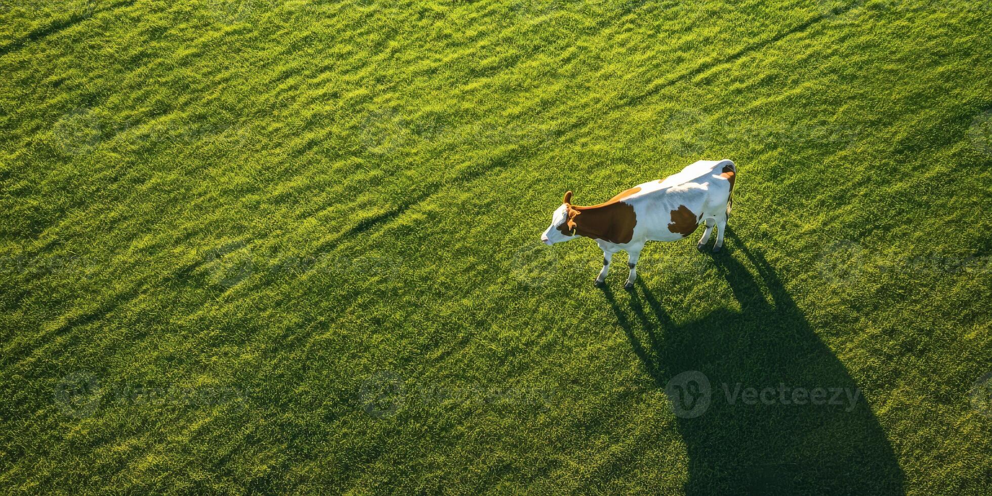 A tranquil and serene high angle view of a striking white and brown cow casting a gentle shadow on a beautiful lush green field, perfectly showcasing the breathtaking beauty of rural landscapes photo