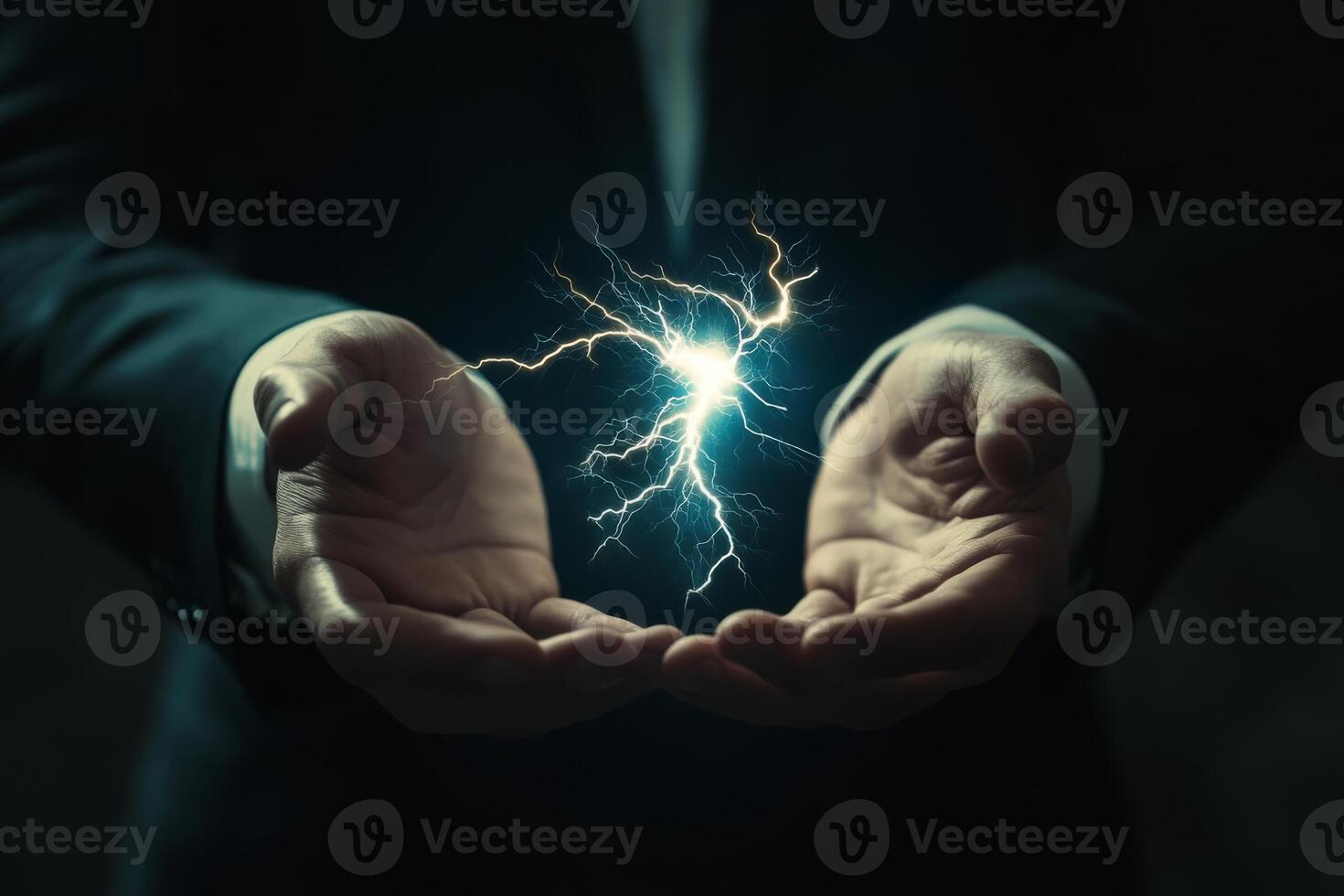 In a striking visual, a businessman confidently holds a vivid bolt of electricity in his hands, an emblem of the power, potential, and innovative spirit that drives success in the corporate world photo