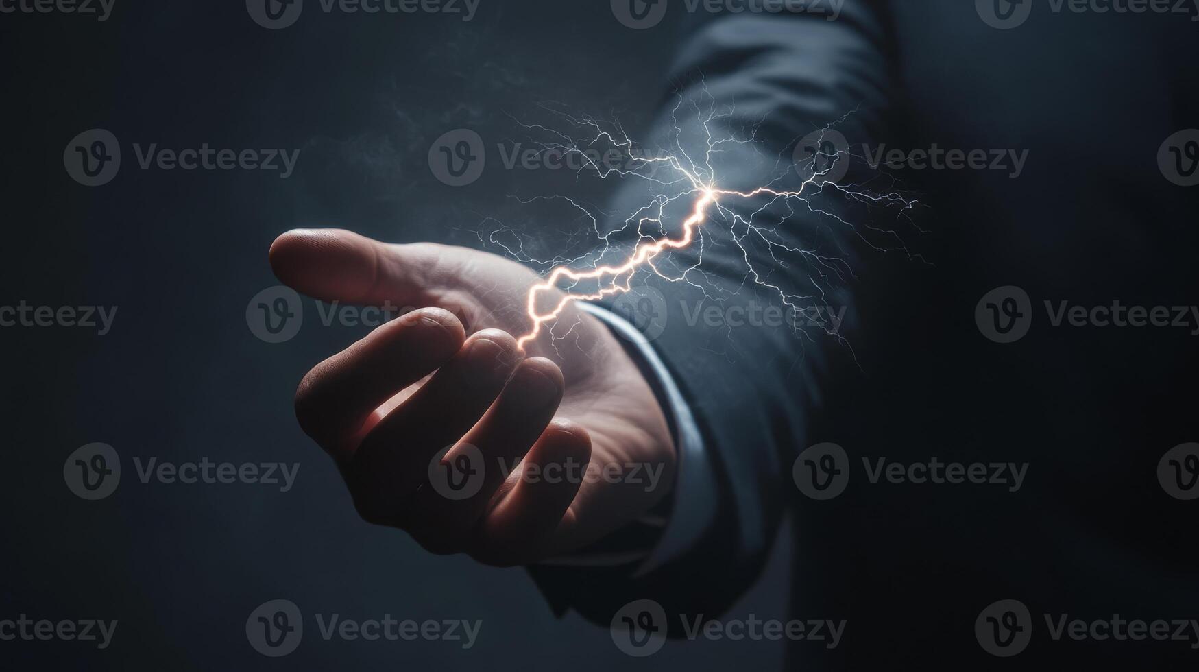 A determined businessman confidently holds a lightning bolt, symbolizing power, innovation, and energy, against a dark background representing modernity and cuttingedge technology photo