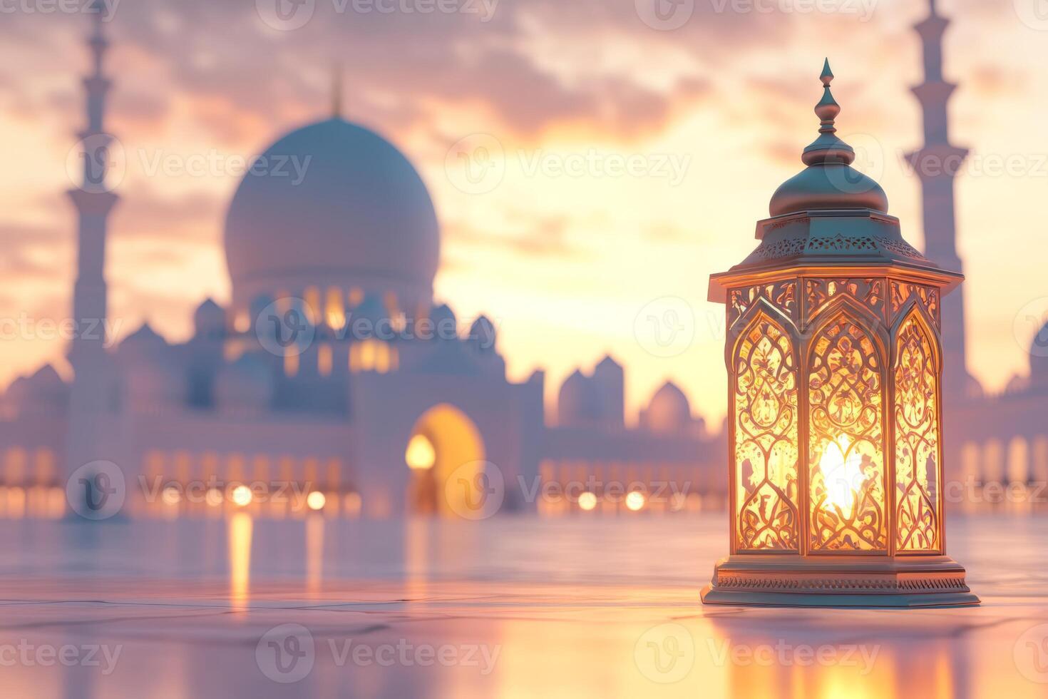 A beautiful lantern, with intricate details, illuminates a grand mosque, showcasing the essence of Islamic tradition and a heartfelt spiritual celebration, radiating joy and serenity photo