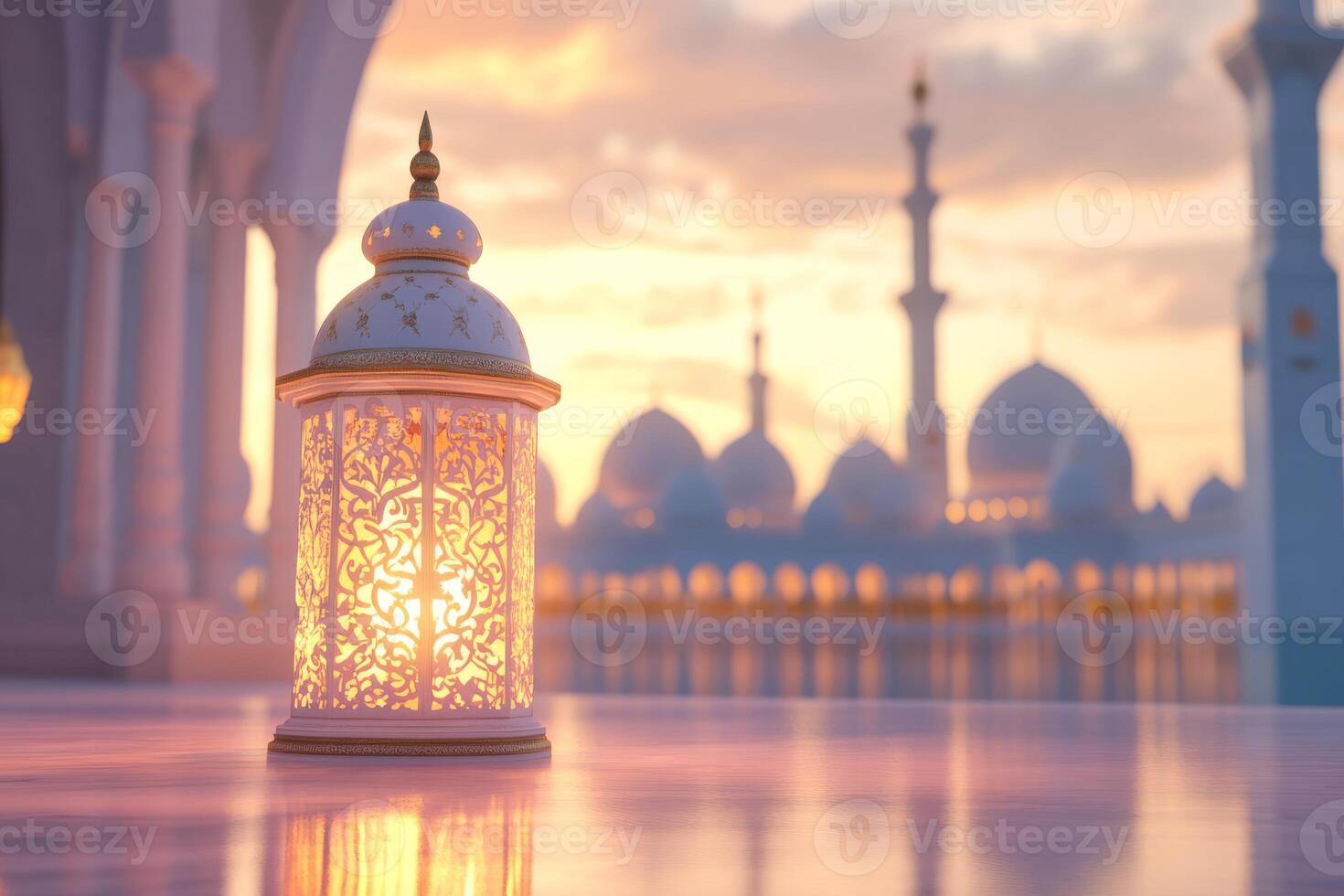 A beautifully ornate lantern illuminates the scene at sunrise, set against a majestic mosque backdrop, symbolizing the joy, peace, and spirituality that are central to Islamic culture and tradition photo