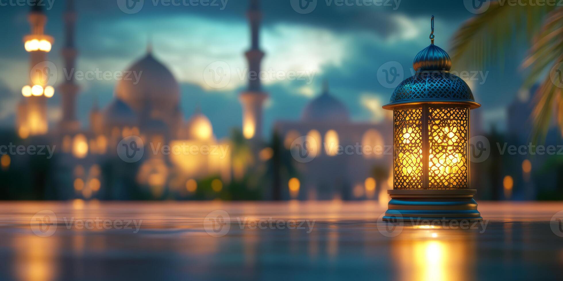 An ornate and beautifully designed lantern shines brilliantly against the tranquil backdrop of a serene mosque, embodying and capturing the rich spirit of Islamic culture and tradition photo