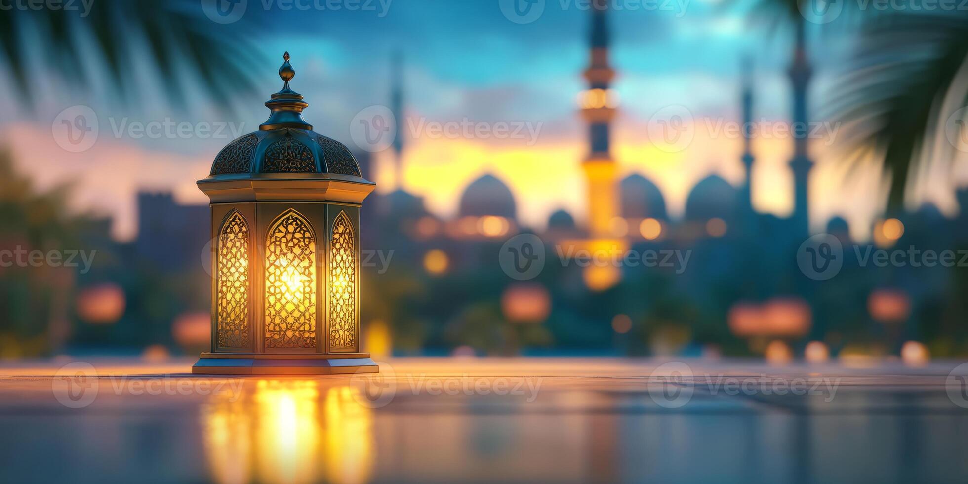 A beautifully ornate lantern casts its warm glow amidst the stunning silhouette of a magnificent mosque at sunset, symbolizing the deep sense of peace and tradition firmly rooted in Islam photo