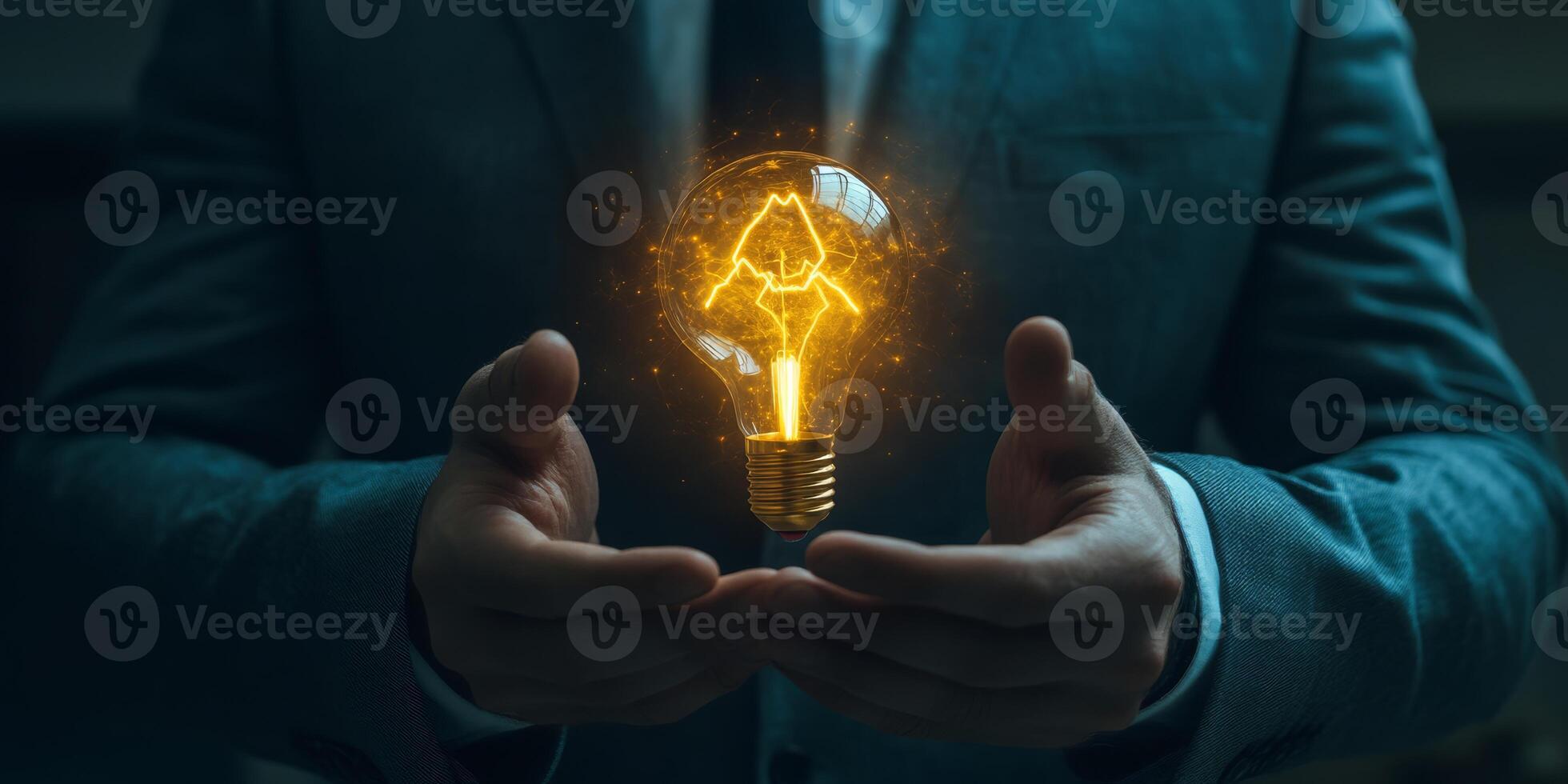 A confident businessman holds a glowing light bulb, symbolizing innovation, creativity, and the bright ideas that drive progress in the dynamic world of corporate enterprises and industries photo