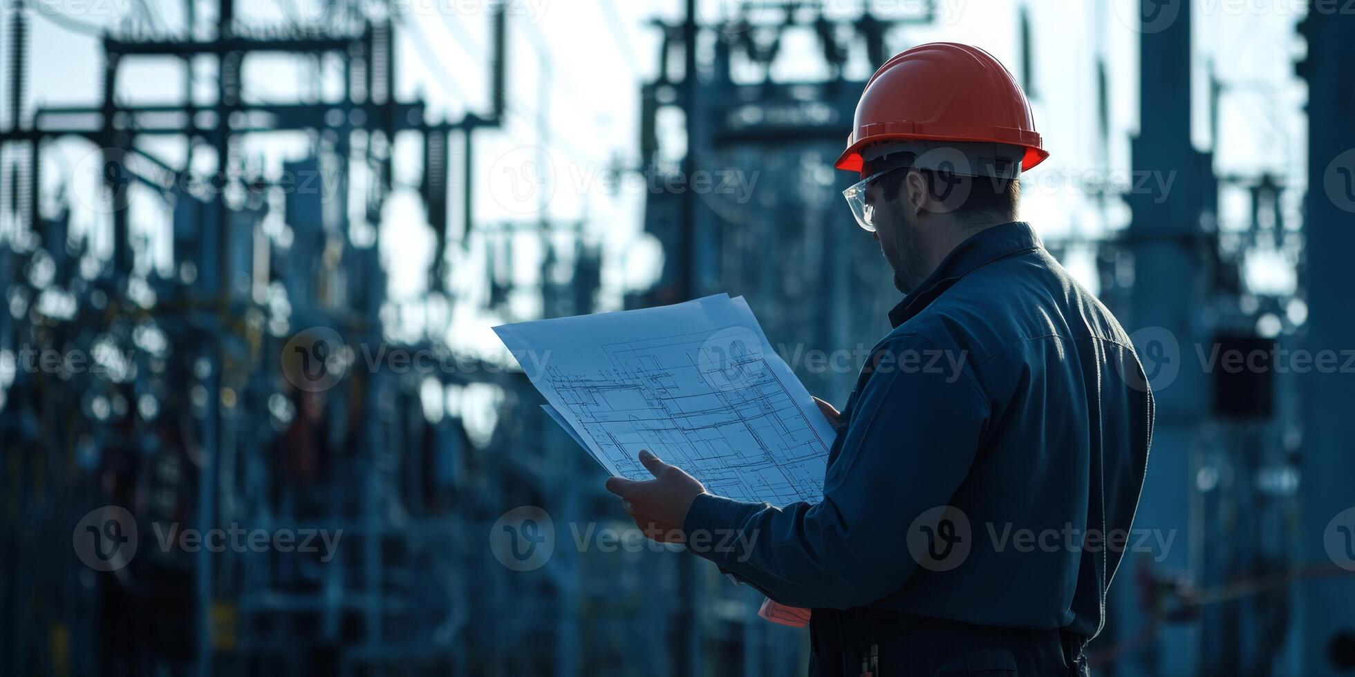 An experienced electrical engineer inspects blueprints at a power plant, ensuring all systems meet critical safety, operational, and regulatory standards for quality and performance photo