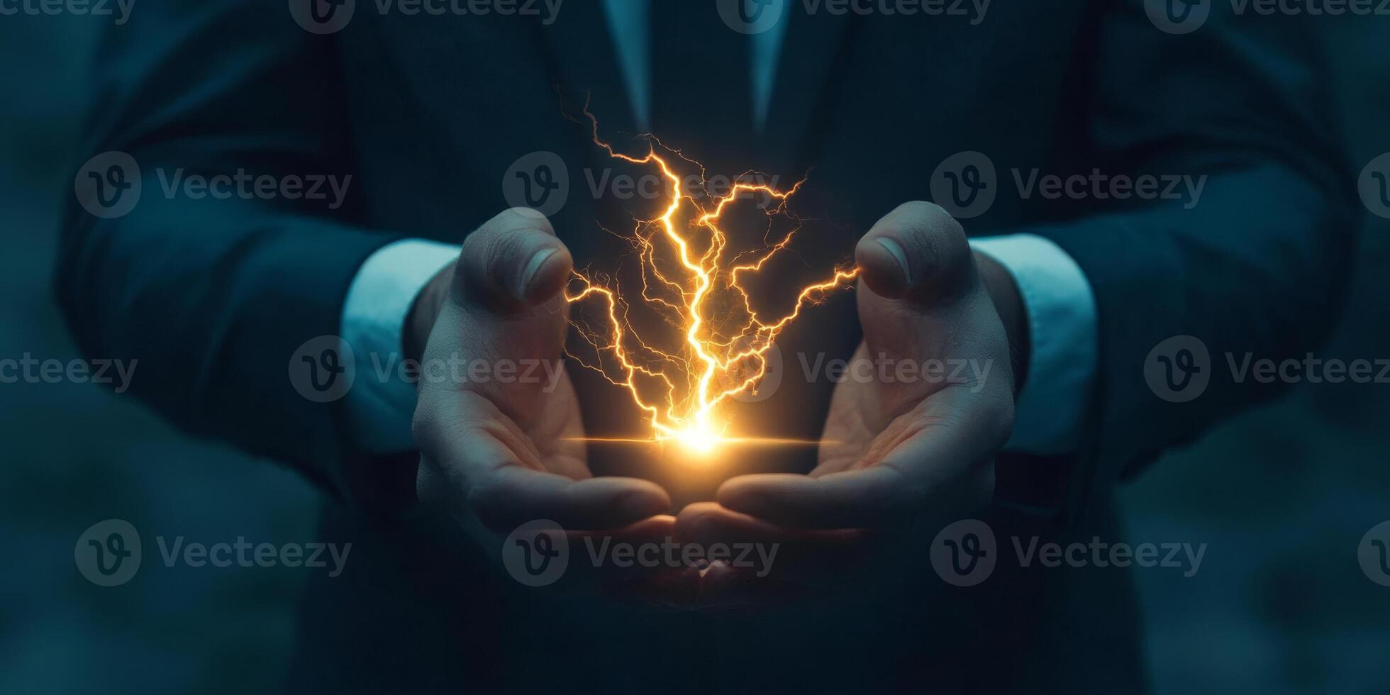 A determined businessman confidently holds a glowing electric bolt in his hands, symbolizing immense power, groundbreaking innovation, and boundless potential energy in our modern world today photo