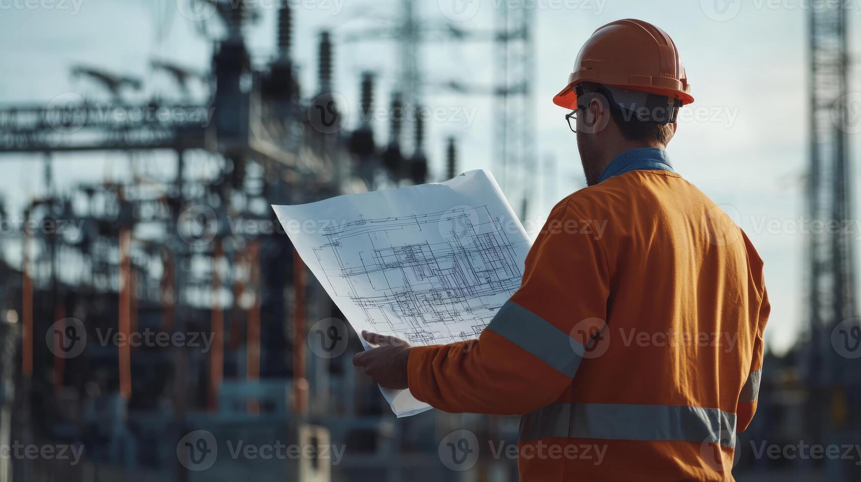 An experienced electrical engineer reviews blueprints at a power plant, demonstrating expertise in infrastructure planning and energy management for smooth and efficient operations photo