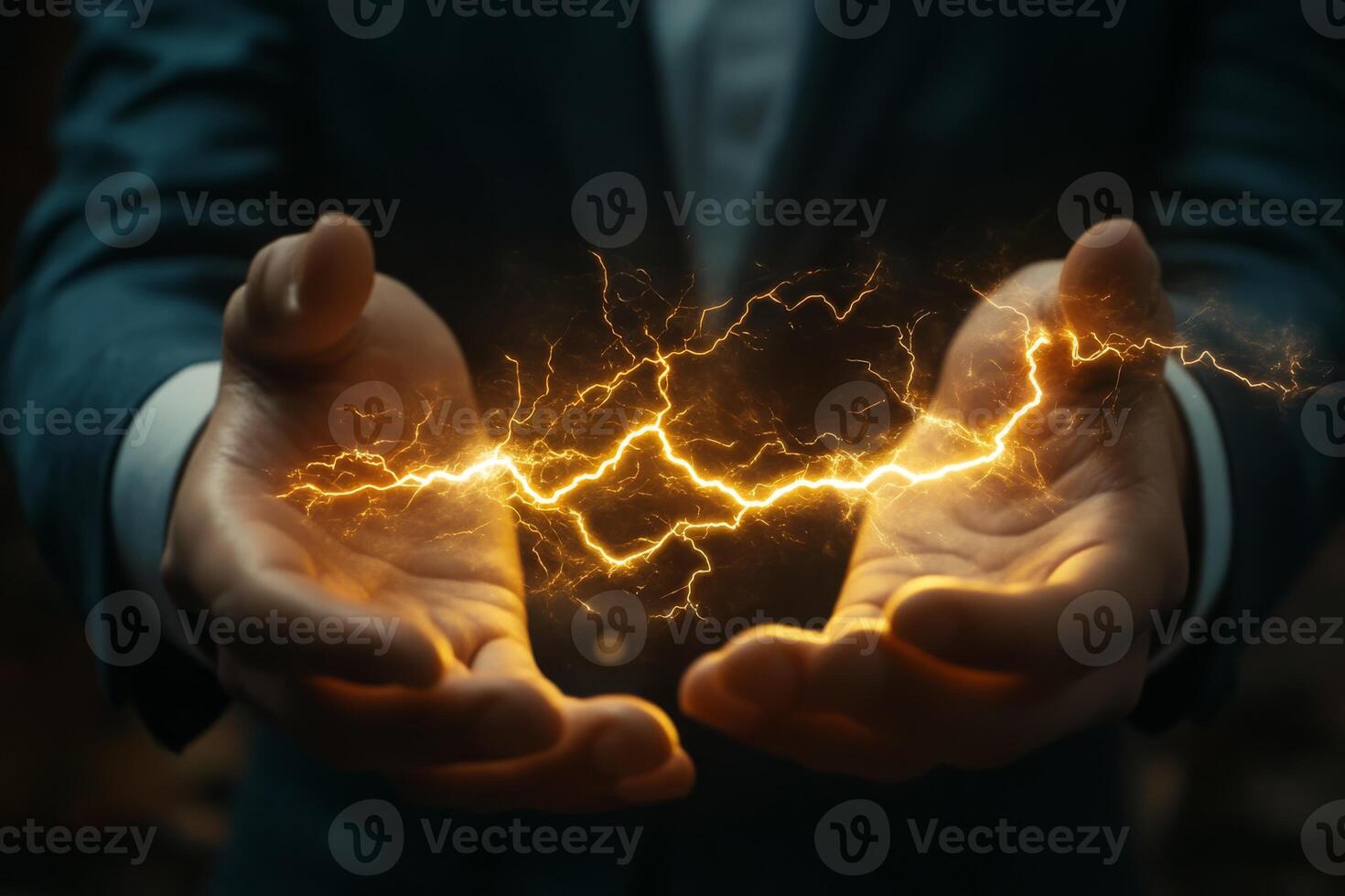 A businessman confidently holds an electric lightning bolt in his hands, which serves as a potent symbol of power, innovation, and forwardthinking in the fastpaced corporate world of today photo