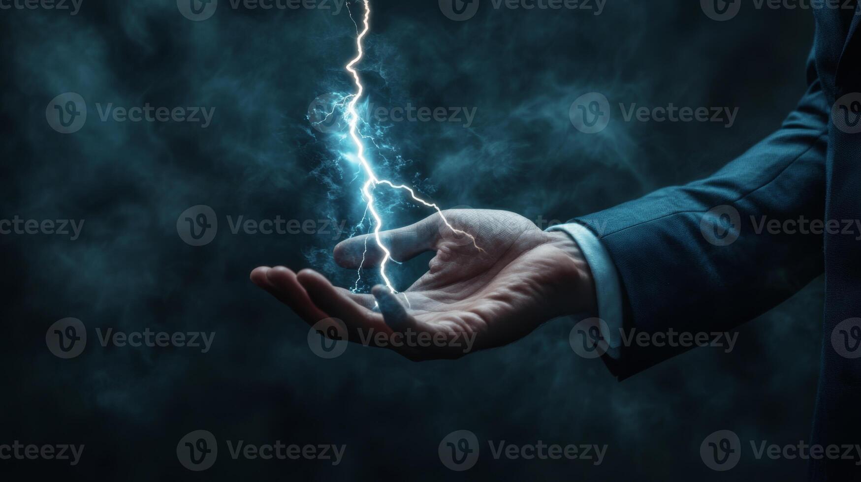 A confident businessman holds a lightning bolt symbolizing energy, innovation, and strength, set against a stormy sky that conveys intensity, creativity, dynamism, and possibility photo
