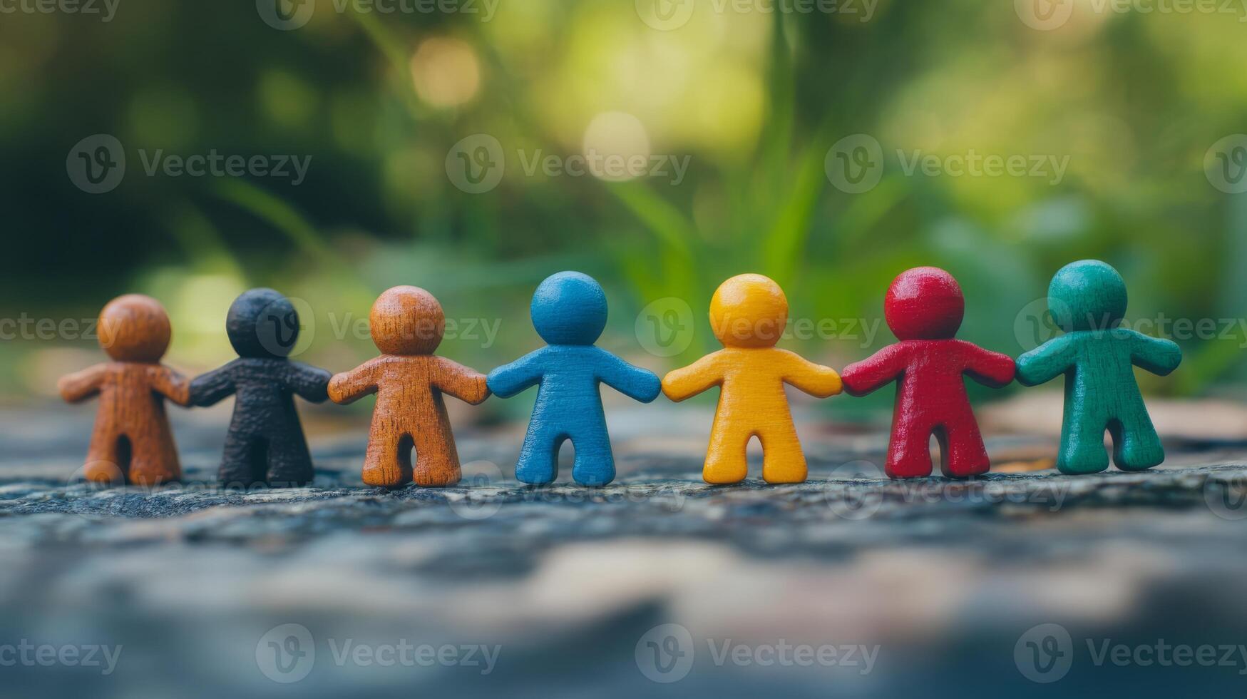 un vibrante y vistoso póngase en fila de estatuillas hermosamente simboliza inestimable trabajo en equipo, diversidad en comunidades, y el esencia de amistad, exhibiendo el importancia de cooperación entre personas foto