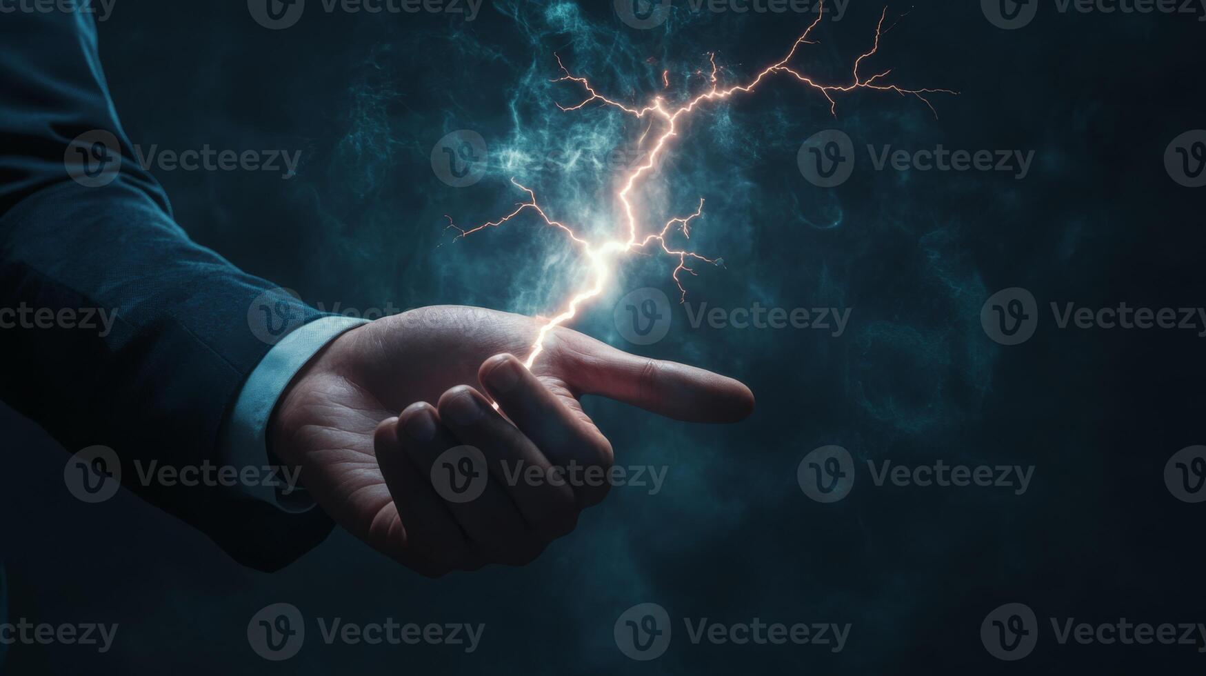 A businessman stands confidently, gripping a vivid lightning bolt that represents tremendous power and groundbreaking innovation, all set against an intense and dramatic dark background photo