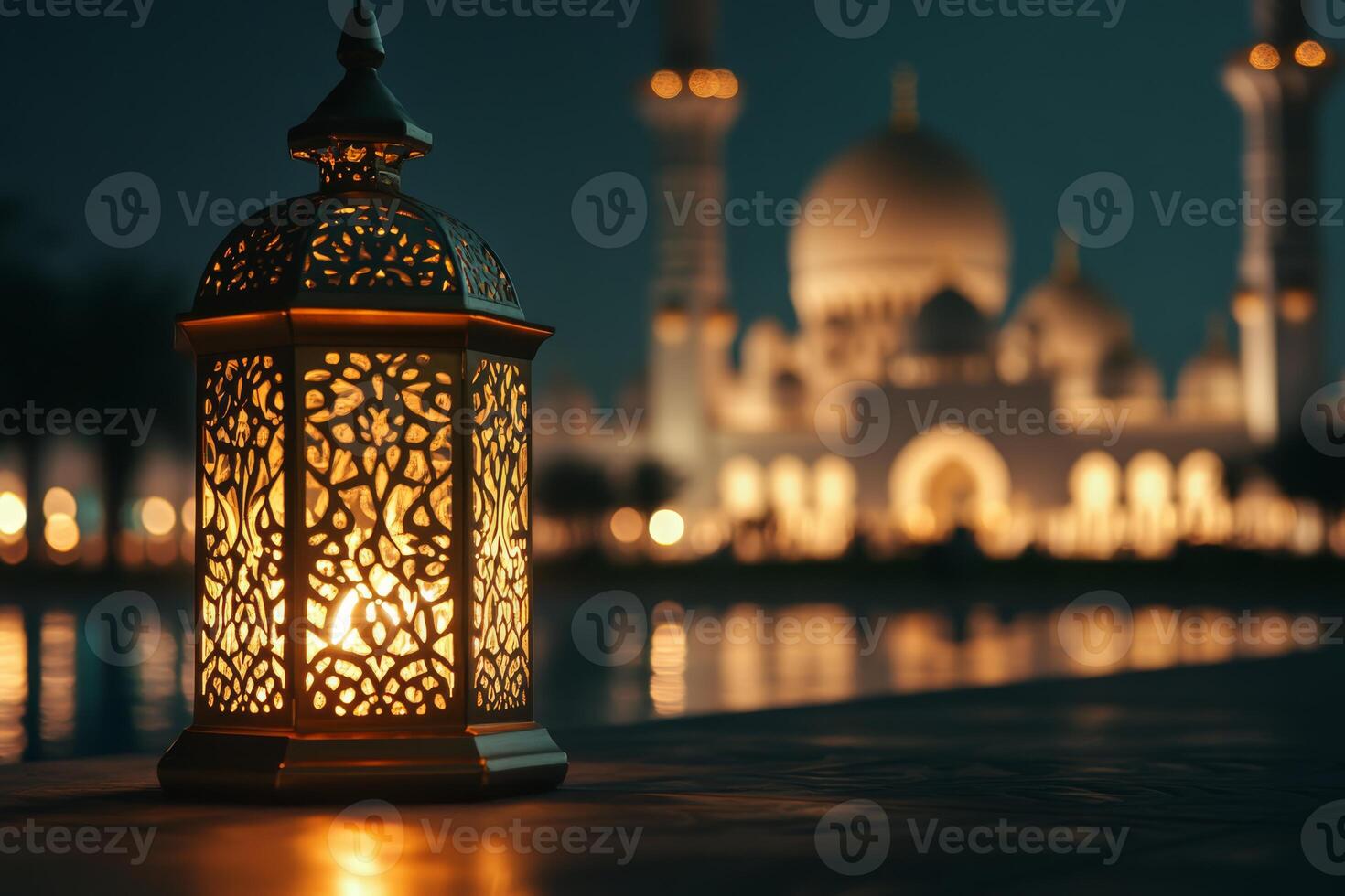 A beautifully designed lantern shines at night, illuminating intricate patterns and stunning designs, while a mosque stands proudly in the background, symbolizing peace, serenity, and spiritual depth photo