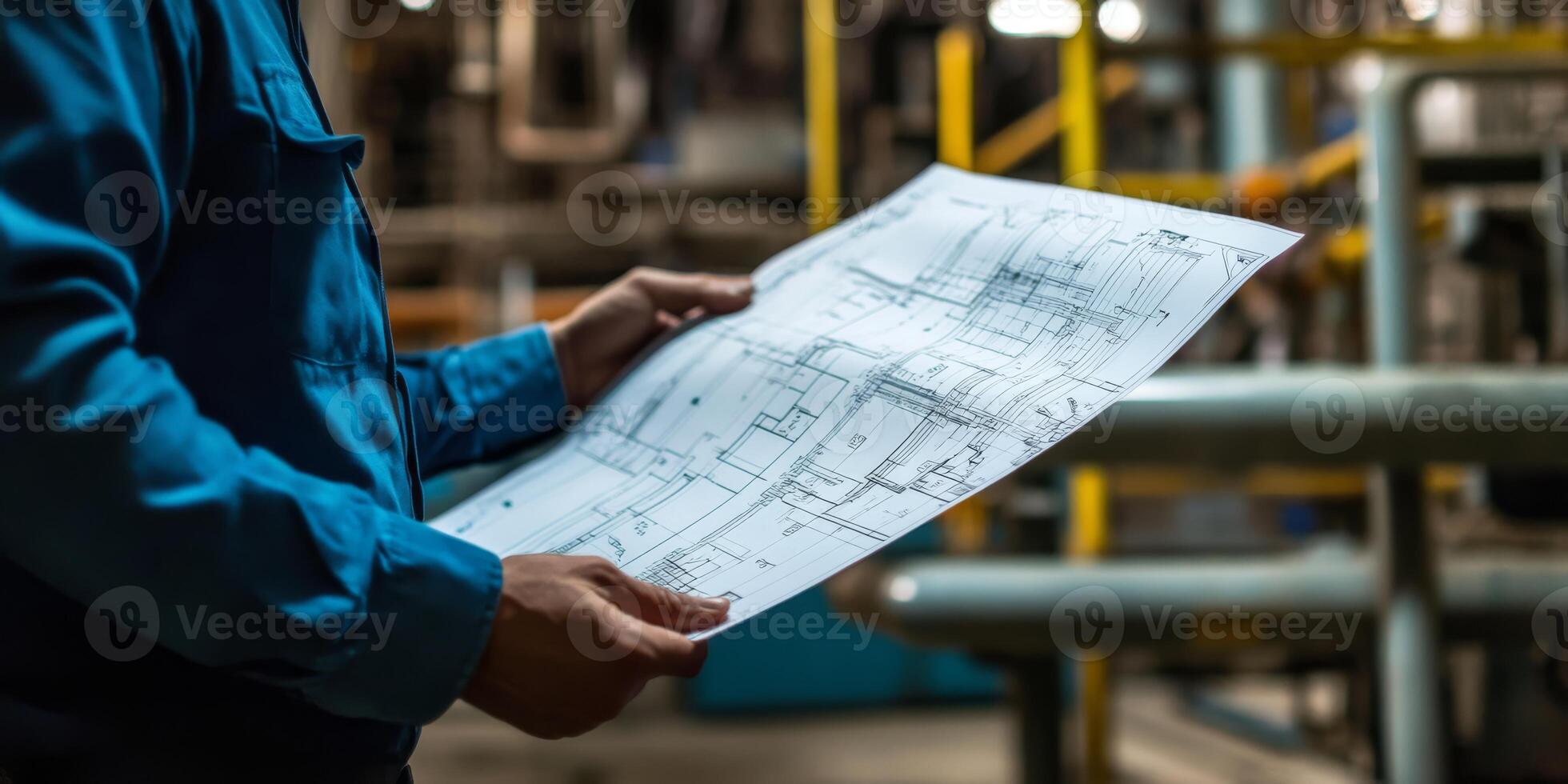An industrial worker thoroughly inspects and reviews detailed engineering blueprints within a factory setting photo