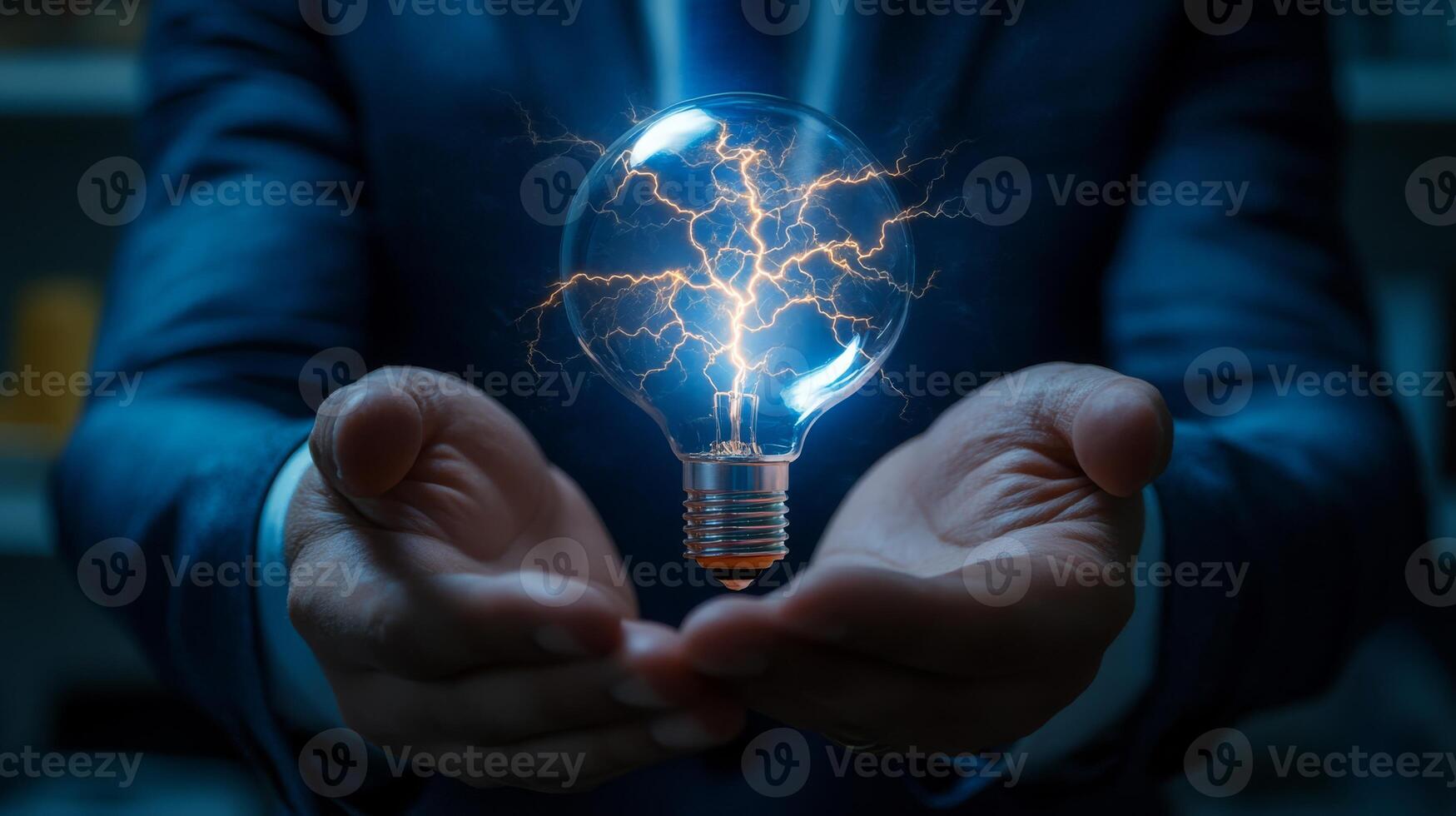 A businessman holds a glowing light bulb, symbolizing innovation and the power of creative ideas. The light represents boundless creativity and infinite potential in the dynamic corporate world photo
