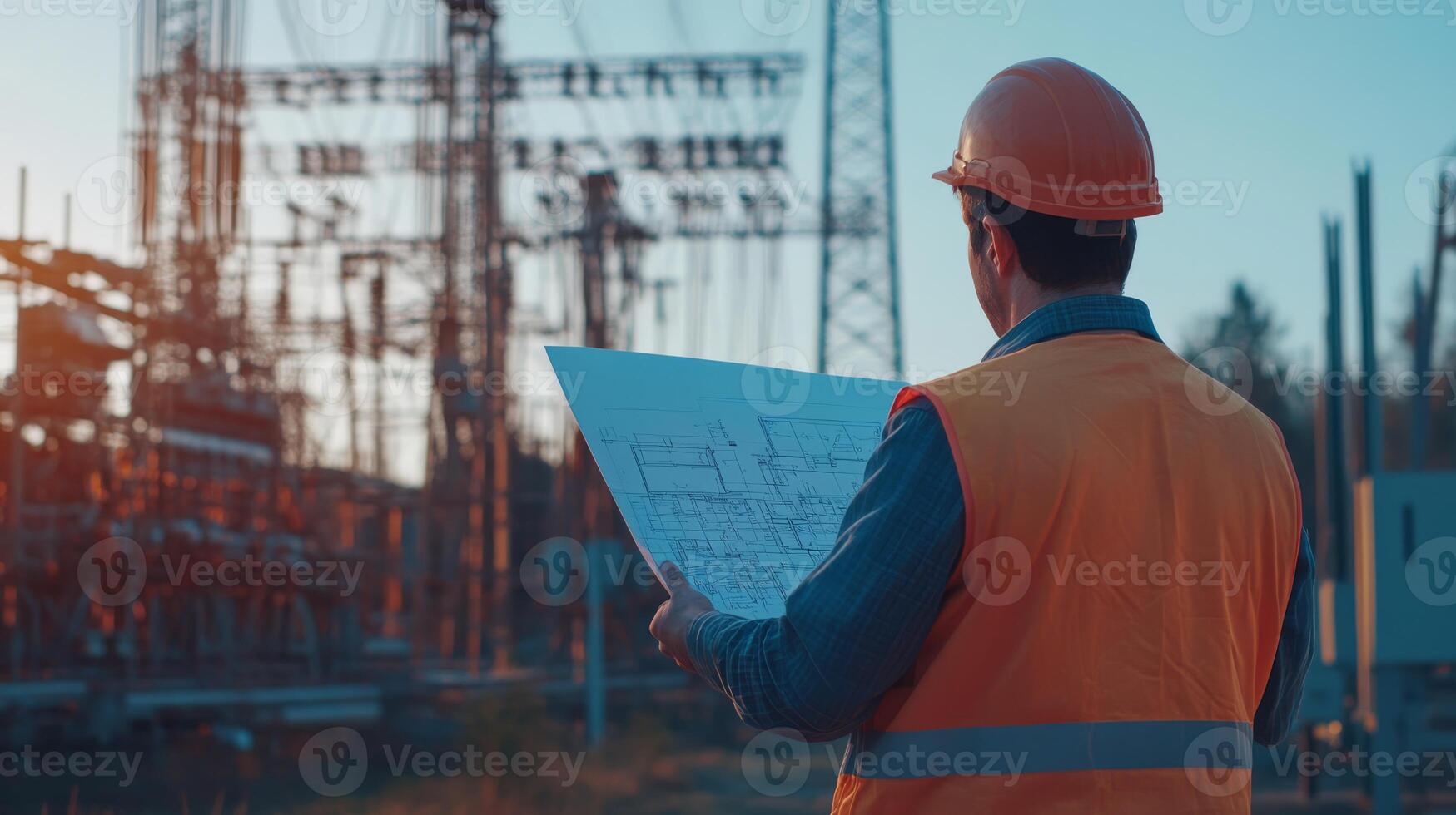 An electrical engineer reviews blueprints and surveys the power plant, demonstrating his expertise and highlighting crucial elements for various industrial settings and applications photo