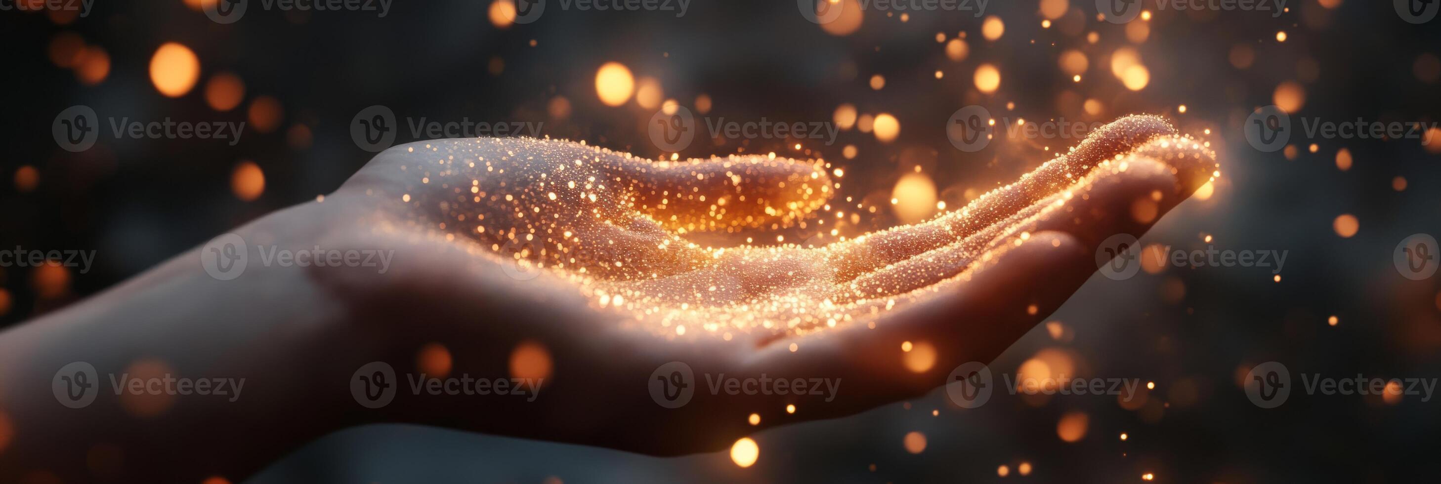 A delicate hand gently cradles a mesmerizing collection of sparkling dust and radiant light, evoking a profoundly deep sense of wonder and enchanting beauty within a mystically alluring ambiance photo