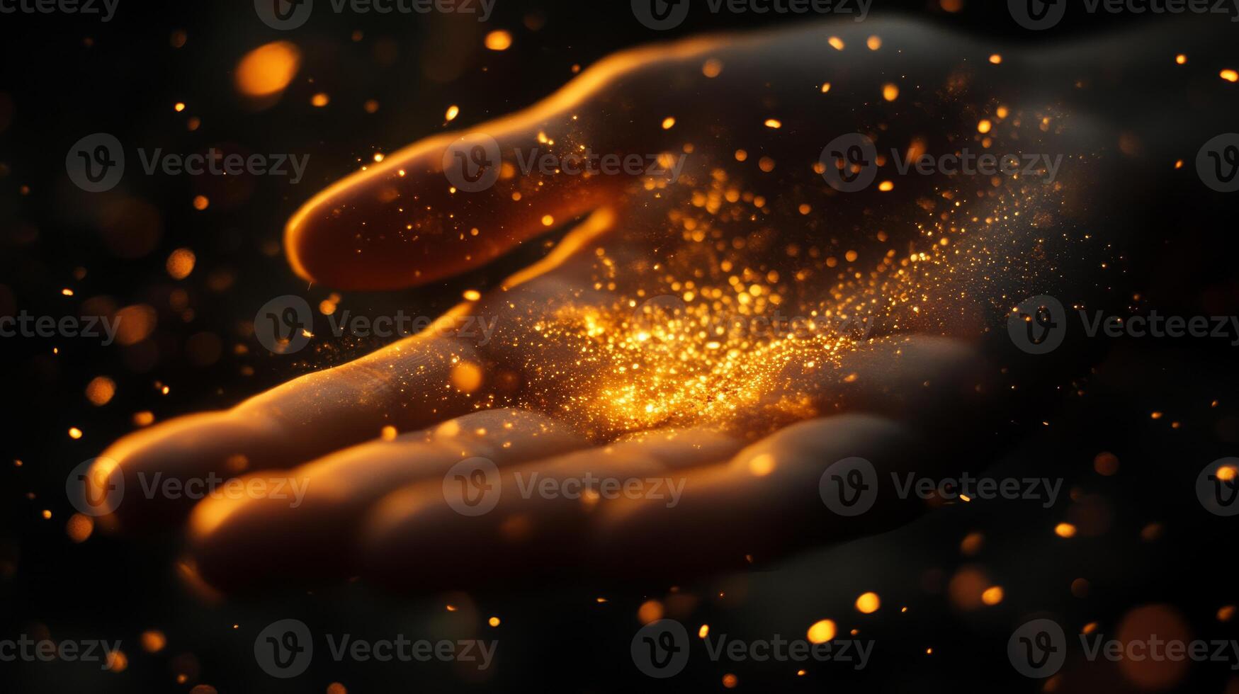 A hand extends gracefully through the air, surrounded by shimmering magical light and sparkling dust, evoking a profound sense of wonder and enchantment that captivates the imagination photo