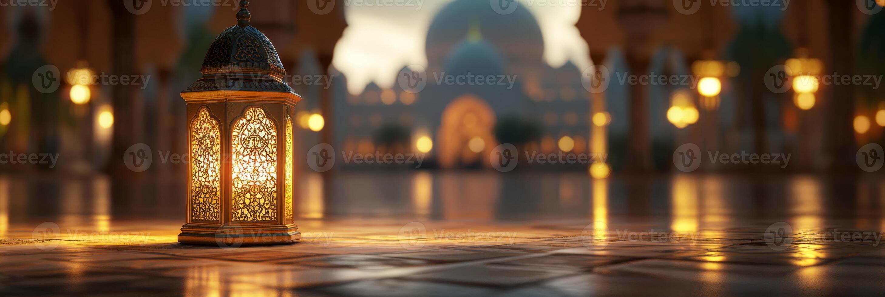 An ornate lantern casts a warm glow, illuminating the serene mosque atmosphere and symbolizing the rich heritage and cherished spiritual traditions of Islamic culture within the community photo