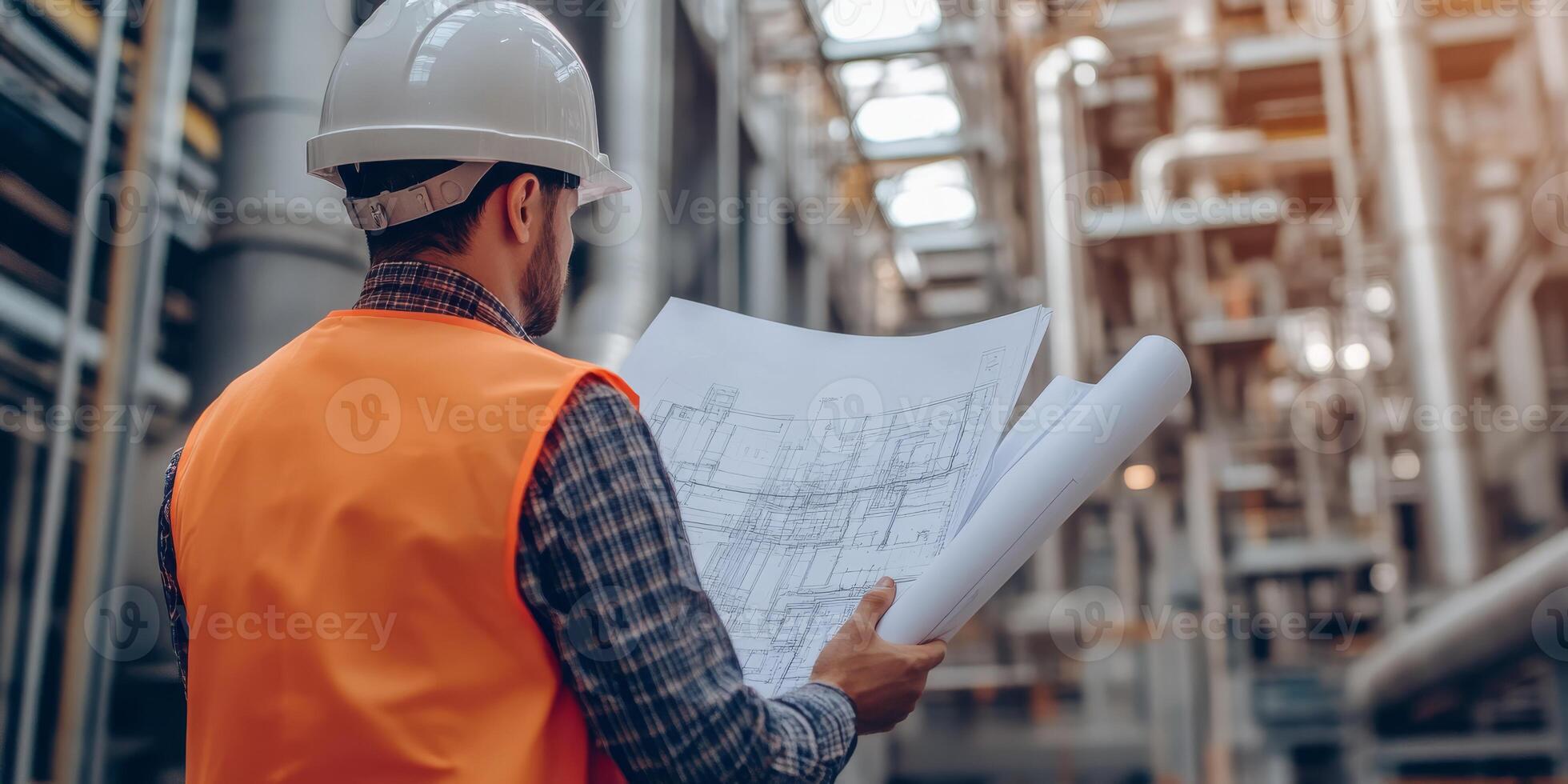 An experienced engineer meticulously inspects detailed construction plans within a bustling factory environment photo