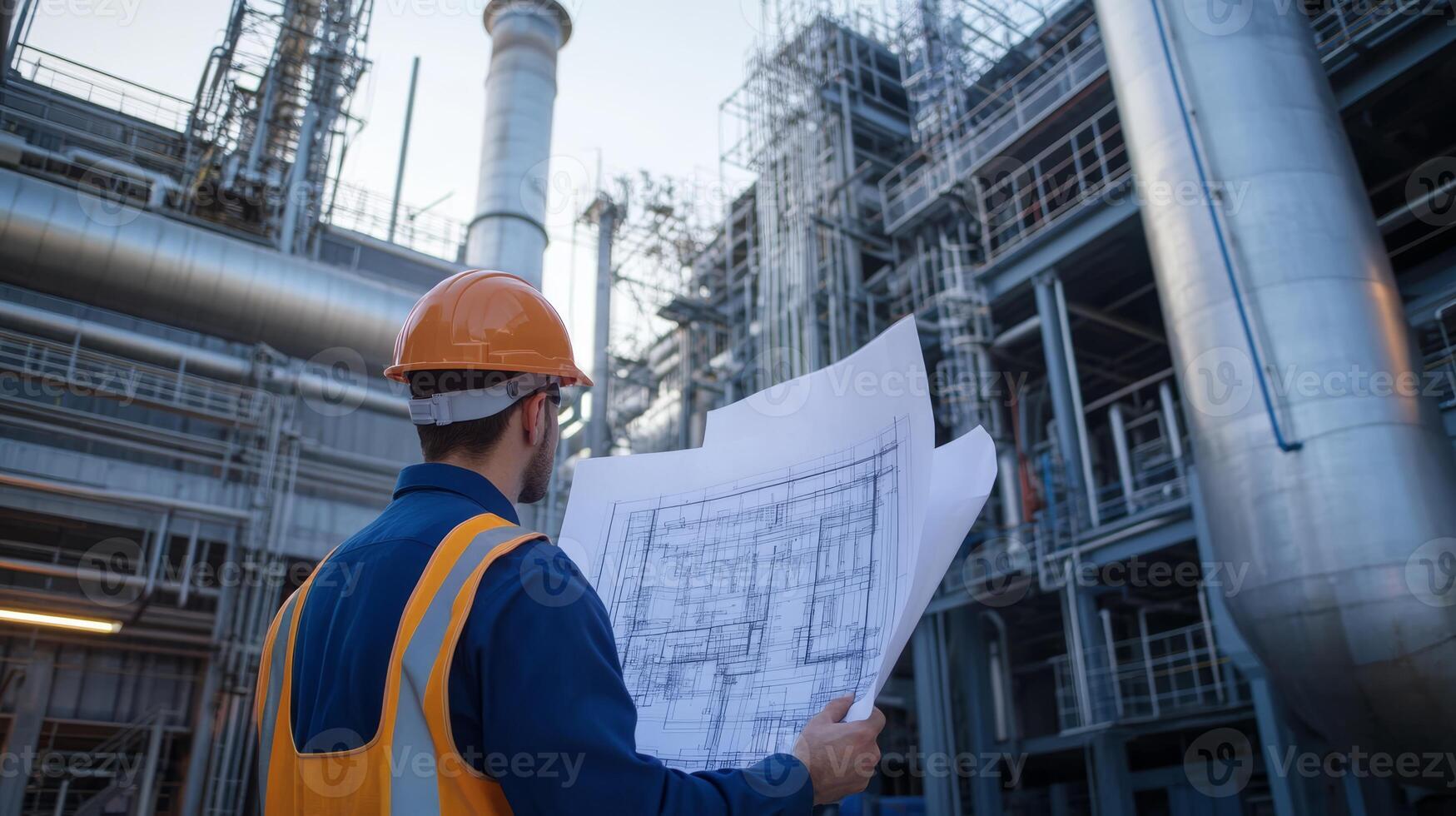 An engineer is carefully reviewing detailed construction plans at an industrial site with scaffolding photo
