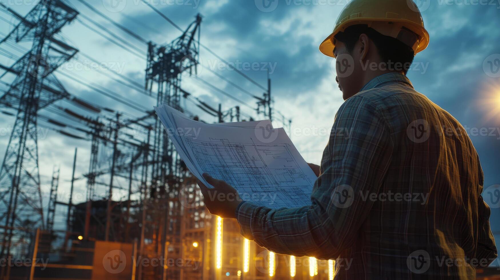 An electrical engineer reviews blueprints at a power plant, highlighting the importance of planning in energy production and efficient electricity distribution for operation and sustainability photo