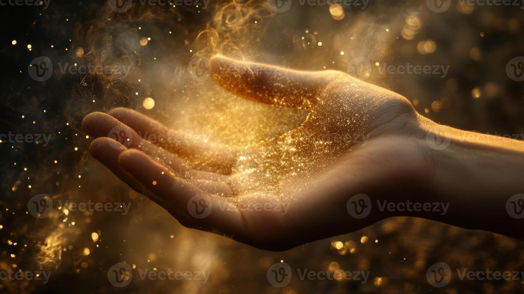 A mesmerizing image of a hand surrounded by sparkling magical light and golden dust, symbolizing enchantment and mysticism photo