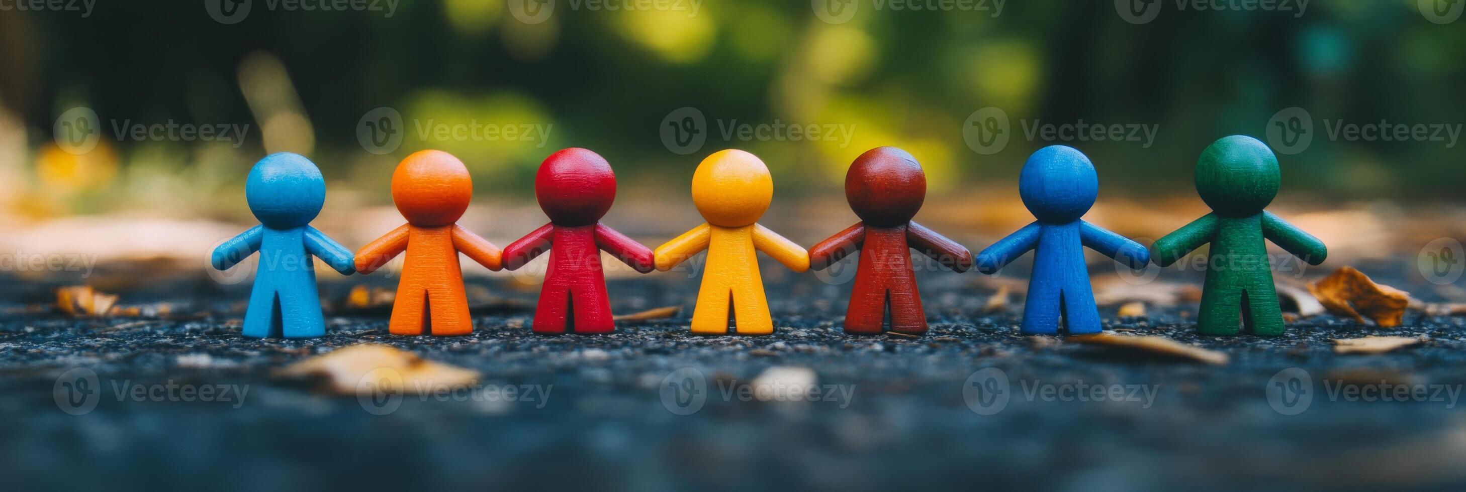A colorful row of vibrant and diverse figurines symbolizes the essential values of teamwork, friendship, and the deep connection we share as a community, actively fostering a sense of unity among us photo