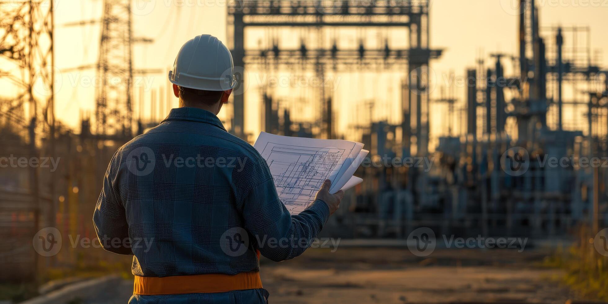 An experienced electrical engineer at a power plant holds blueprints, confidently observing the impressive infrastructure and appreciating the beauty of his work during a stunning sunset photo