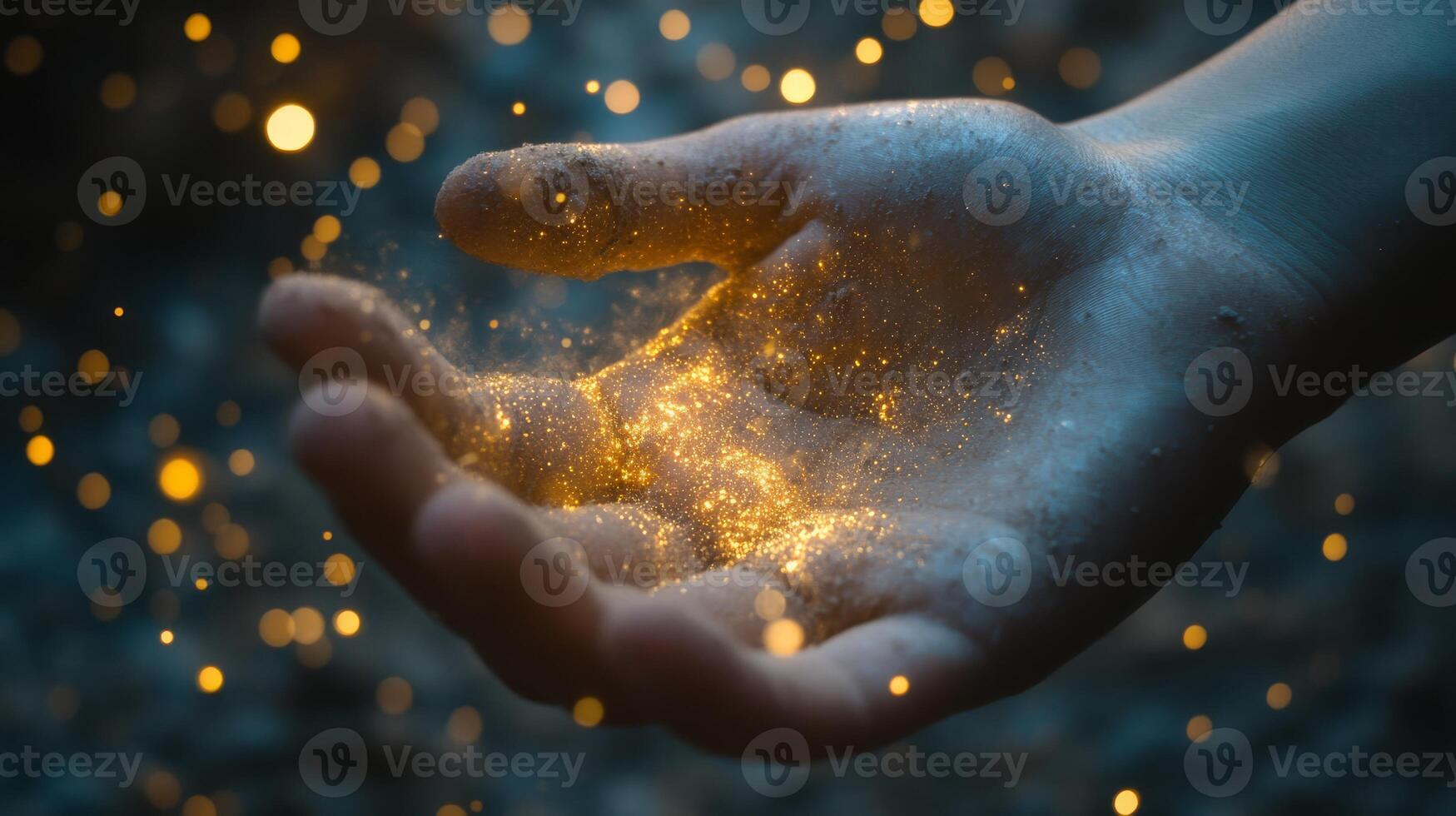 A mesmerizing hand gently cradles a magical light while sparkling dust dances around, evoking a profound sense of wonder and enchantment within a beautifully mystical atmosphere filled with charm photo