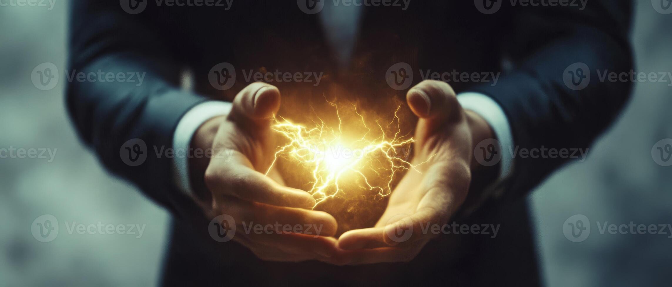 A businessman confidently holds a glowing bolt of electricity in his hands, representing power, innovation, and the immense potential within a fastpaced dynamic environment filled with opportunities photo