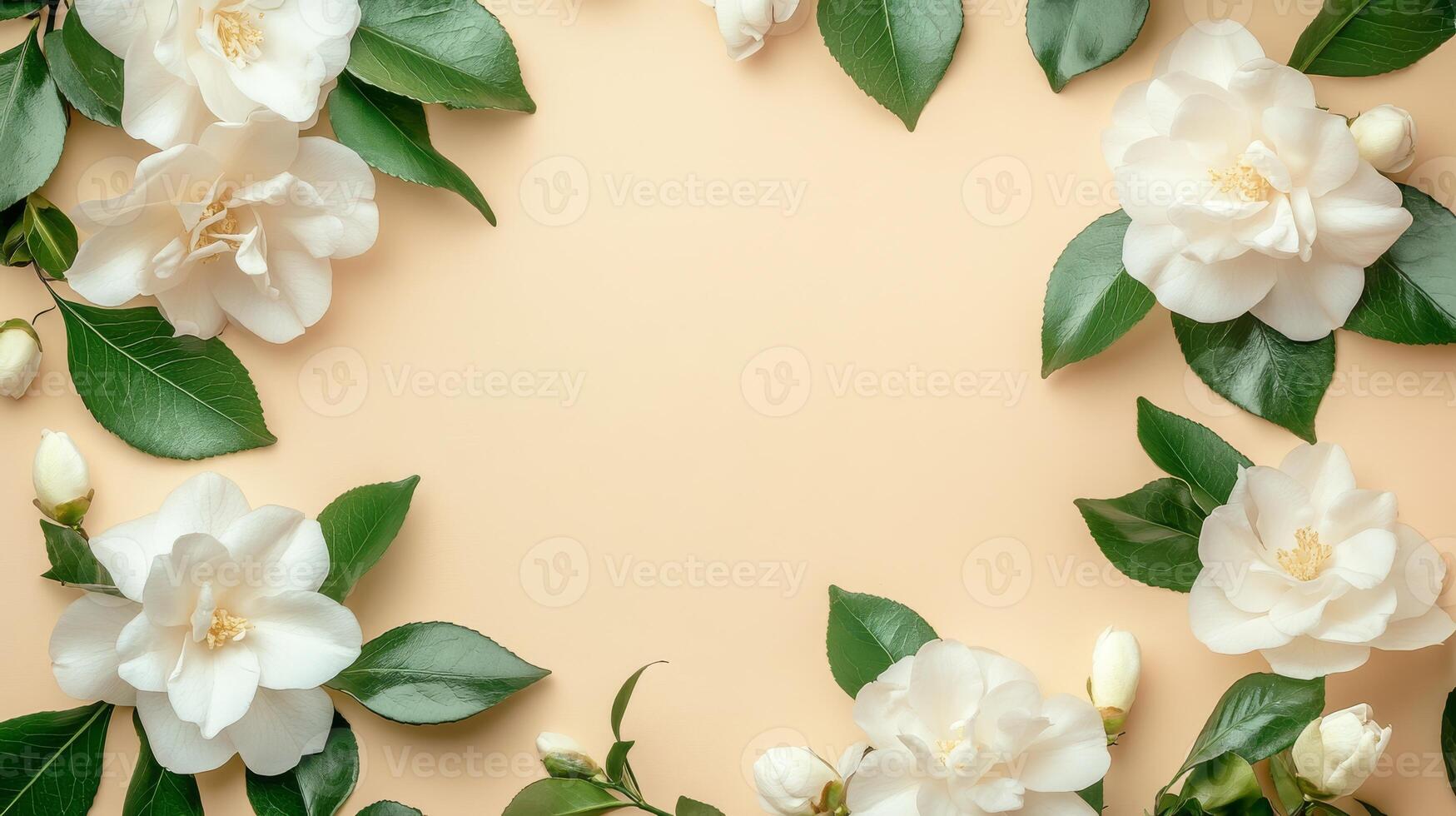 An elegant flat lay composition featuring delicate jasmine flowers beautifully arranged alongside lush green leaves set against a soft beige backdrop, an ideal choice for captivating botanical themes photo