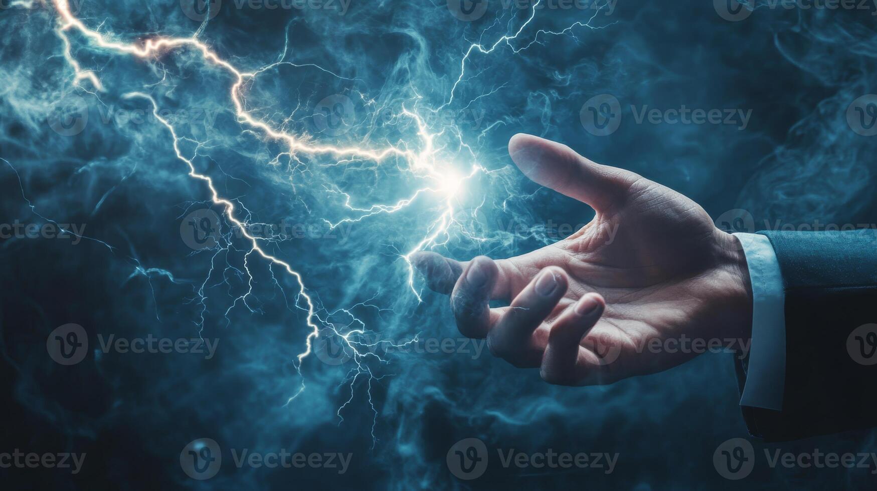A confident businessman stands boldly with a lightning bolt, symbolizing the immense power, innovation, and dynamic energy that define modern business practices and strategies for success photo