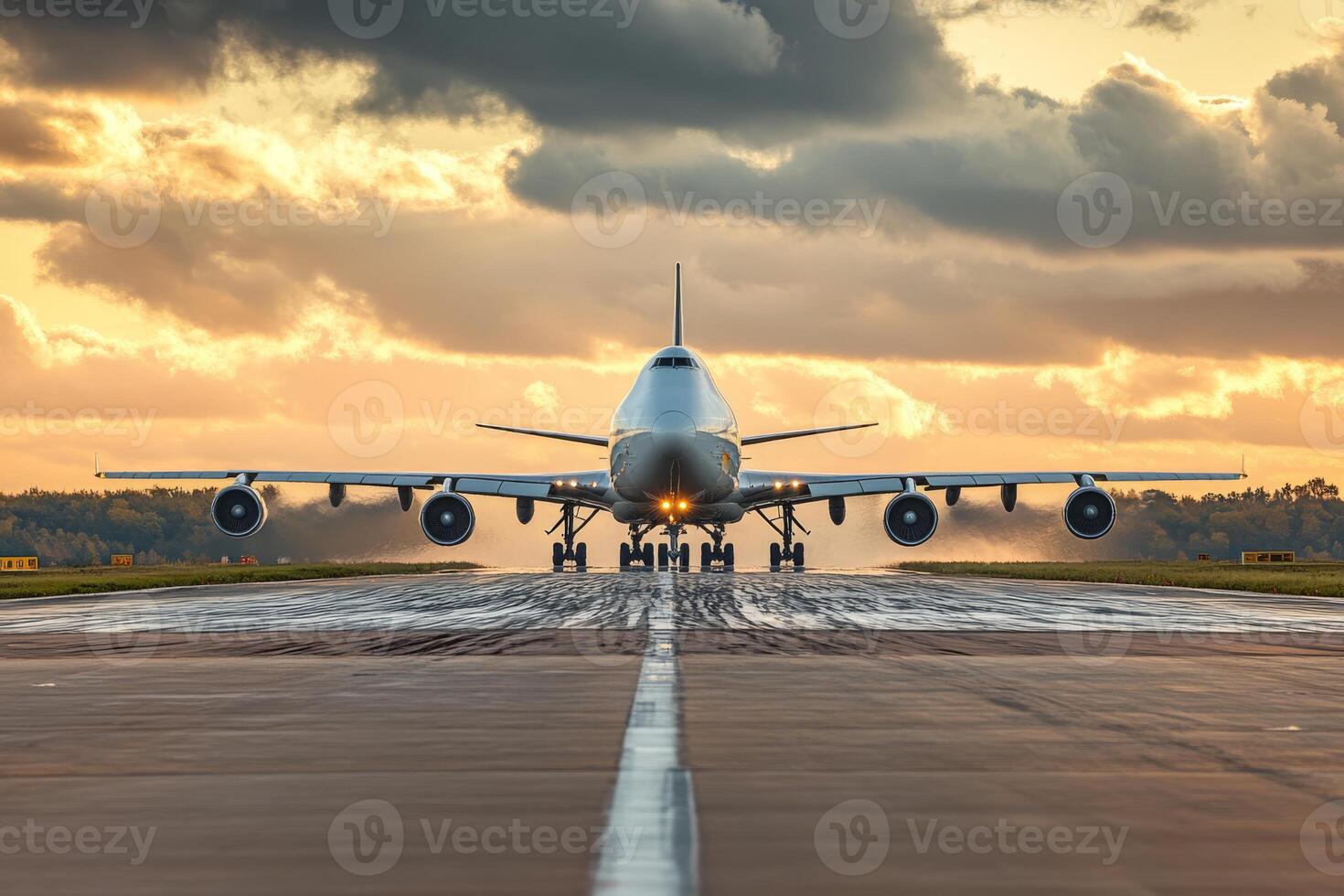 A stunning cargo aircraft, poised and ready for takeoff against the backdrop of a vibrant sunset, symbolizes the immense vastness and complexity of global logistics as well as air transport photo