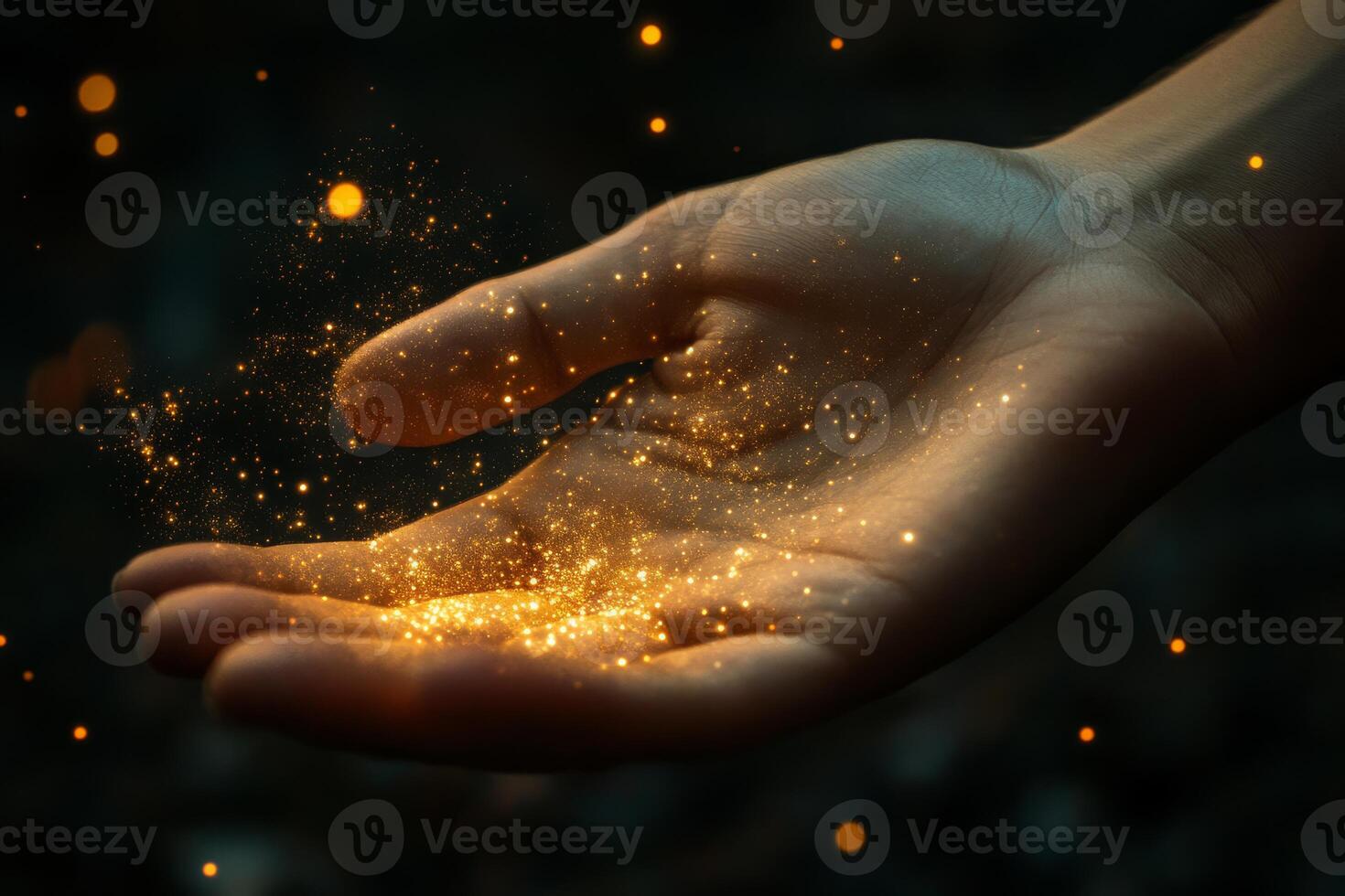 This stunning image captures a delicate hand radiating enchanting light and scattering sparkling dust, evoking a deep sense of wonder, awe, and mystery that captivates the viewers imagination photo
