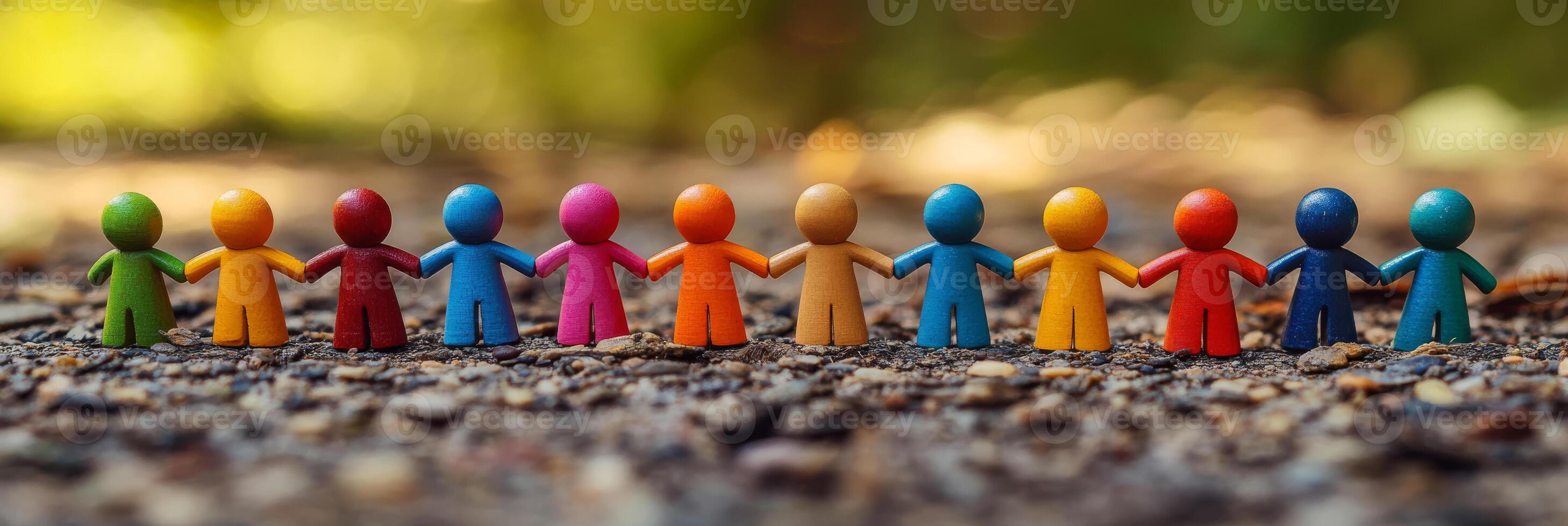 A vibrant and colorful line of diverse figures joyfully holding hands, representing important themes of teamwork, friendship, and unity within the community in an engaging and playful manner photo