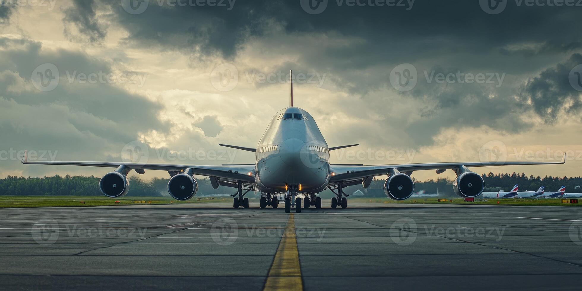 A stunning and impressive cargo aircraft, fully prepared and poised for takeoff on a runway, beautifully reflecting the essence of the aviation industry and the complexities of global logistics photo