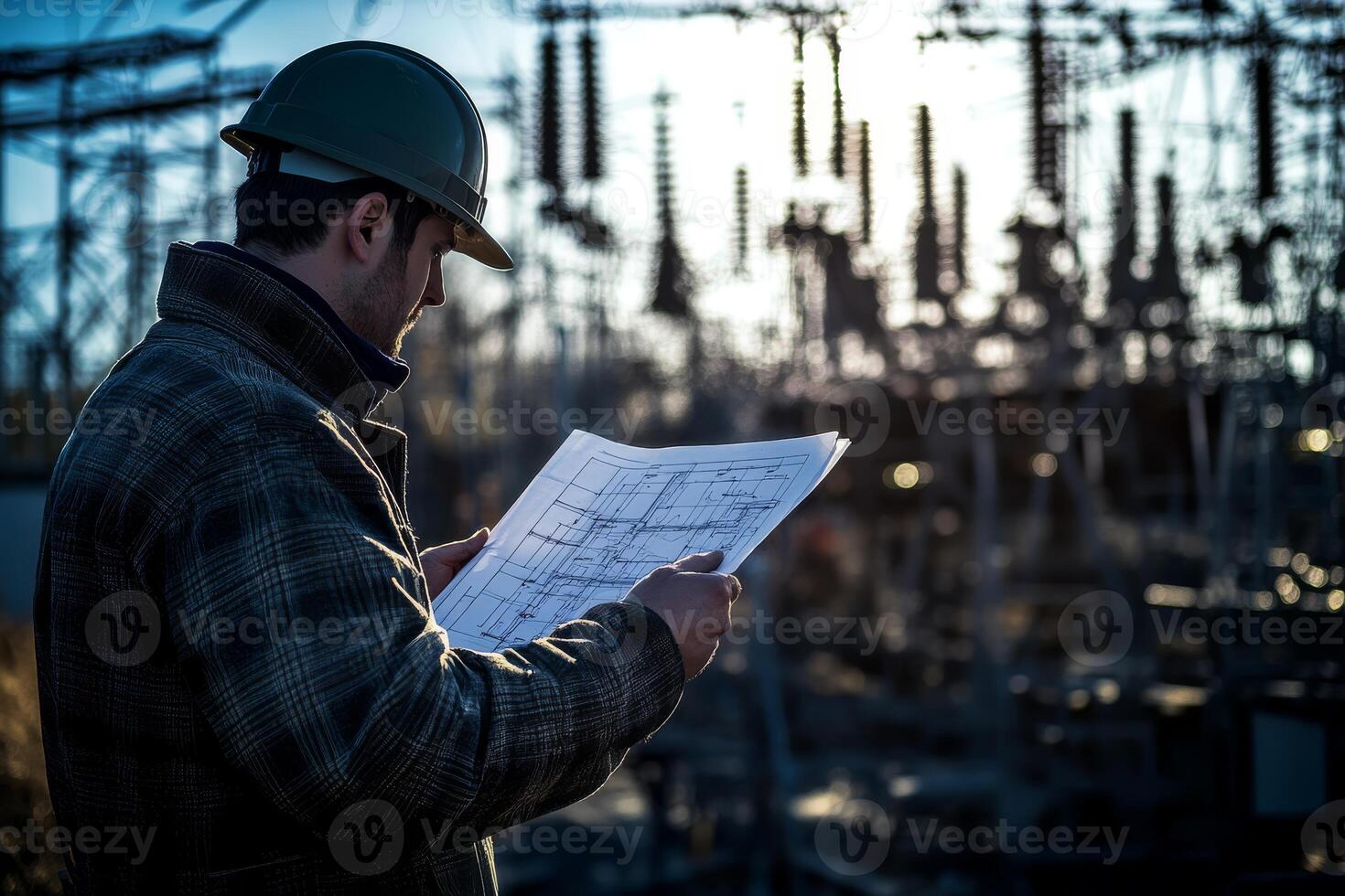 An experienced electrical engineer is reviewing blueprints at a modern power plant, ensuring regulatory compliance and enhancing operational efficiency in a complex industrial environment photo