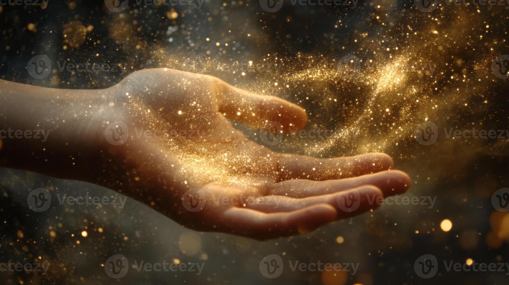 A graceful hand appears from a magical aura of shimmering light and sparkling dust, evoking wonder and extraordinary beauty that captivates the imagination, leaving a lasting sense of awe photo
