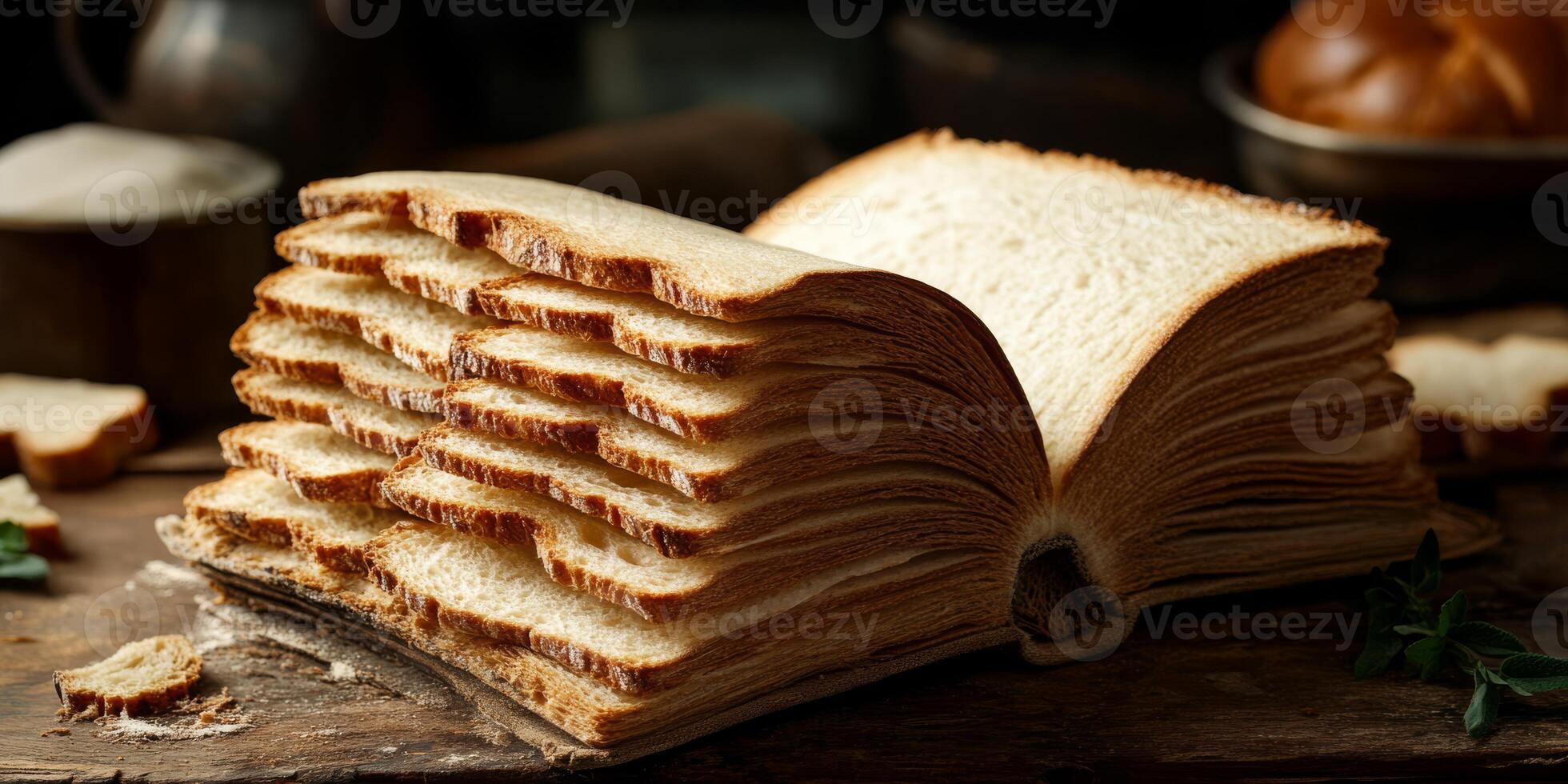Imagine a beautifully visualized book made from fresh, cut slices of bread, symbolizing the blend of food, spirituality, and comfort in a cozy kitchen that inspires creativity and warms the heart photo