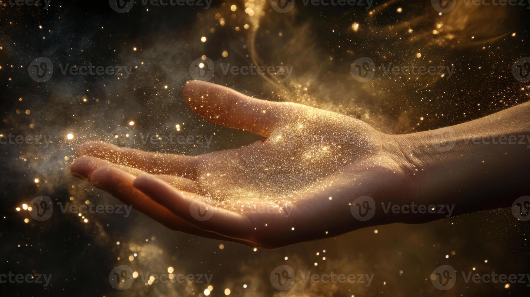 A mesmerizing image depicts a delicate hand surrounded by a warm glow and enchanting stardust, evoking wonder and highlighting the mystique of the vast universe beyond our understanding photo