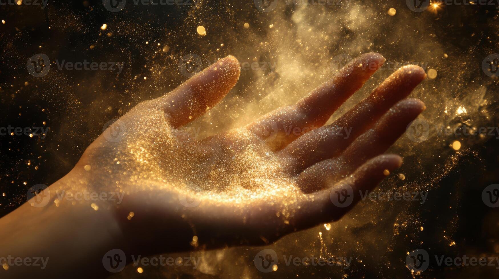 From an enchanting and mystical realm, a mysterious hand emerges, surrounded by shimmering particles of dust and an ethereal light, sparking feelings of magic, wonder, and awe in those who behold it photo