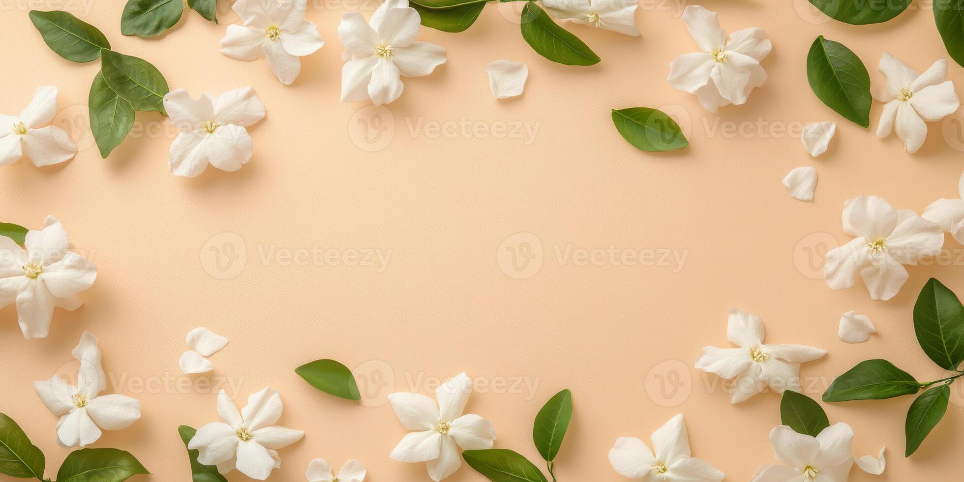 The flat lay features fragrant jasmine flowers and lush green leaves against a soft beige backdrop, creating a calming atmosphere that embodies serene beauty for artistic endeavors photo